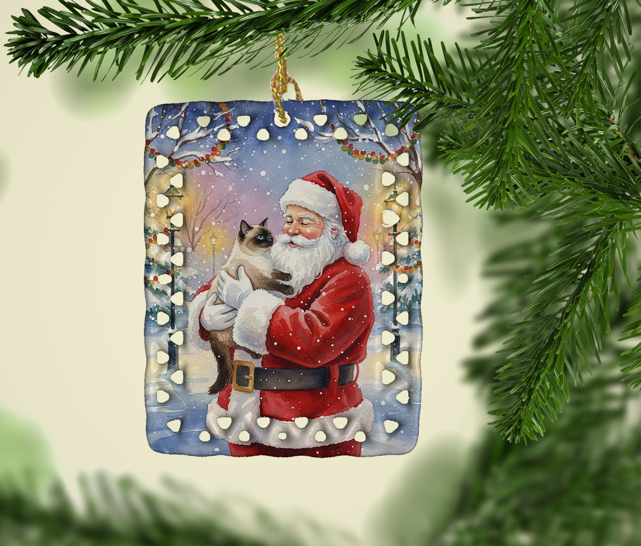 Seal Point Cat with Santa Claus Porcelain Ornament Christmas Tree Hanging Decorations for Home Christmas Holiday, Rectangle, Gift, Multicolor