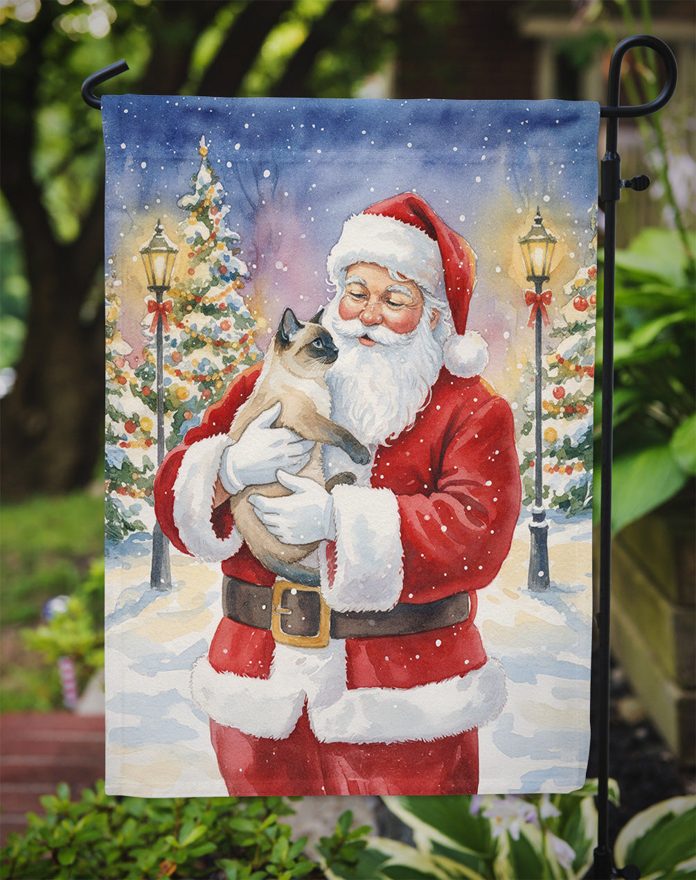 Siamese Cat with Santa Claus Garden Flag Mailbox Decorative Yard Banner Outside Patio Artwork for Flower Beds, Garden Size, Multicolor