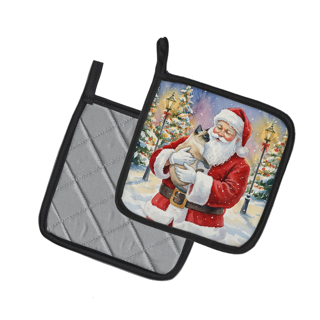 Siamese Cat with Santa Claus Pot Holder Set of 2 Heat Resistant Quilted Hot Pads 7.5 x 7.5 Inch, Insulated Kitchen Trivets for Cooking & Baking