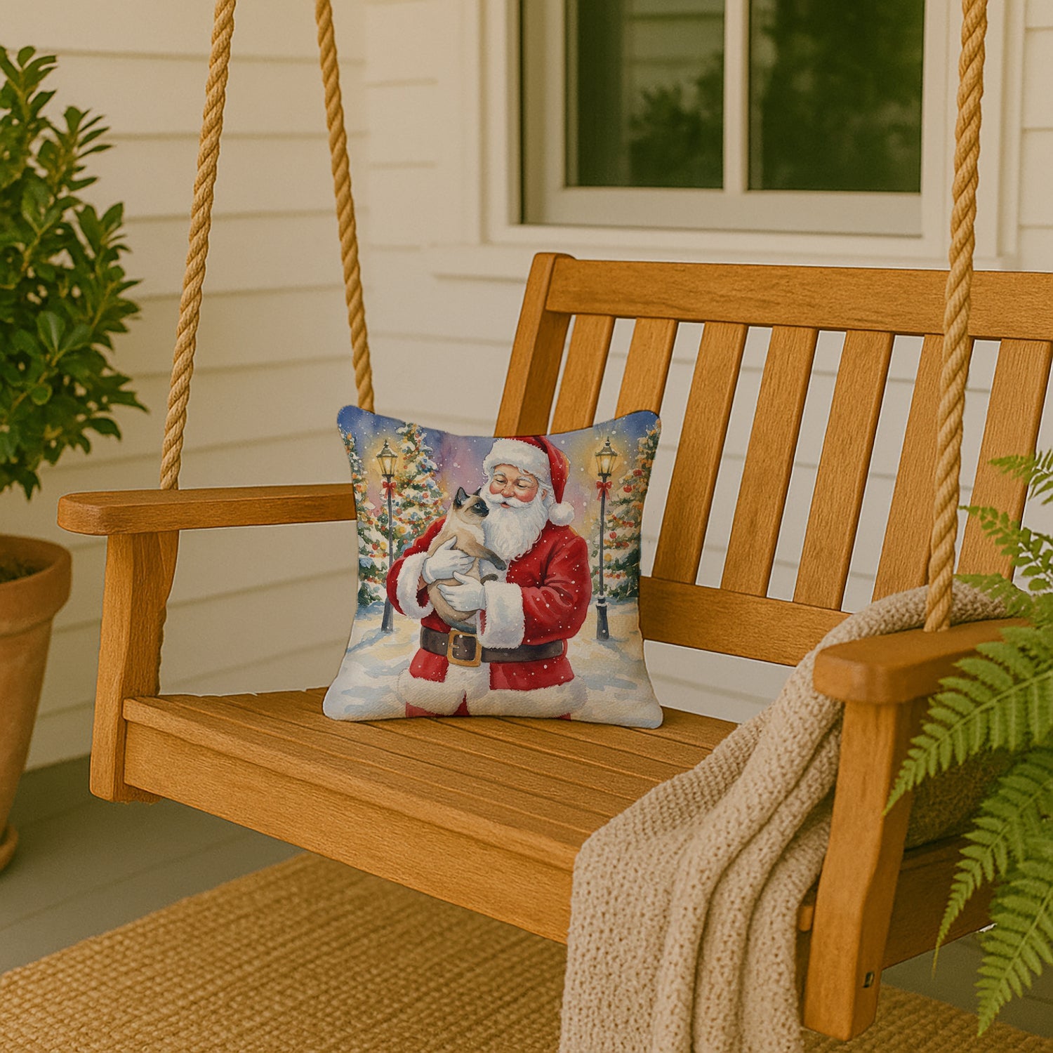 Siamese Cat with Santa Claus Decorative Throw Pillow 14x14 Indoor Outdoor Accent Cushion, Fabric Cover with Insert for Sofa, Bed, Porch & Living Room