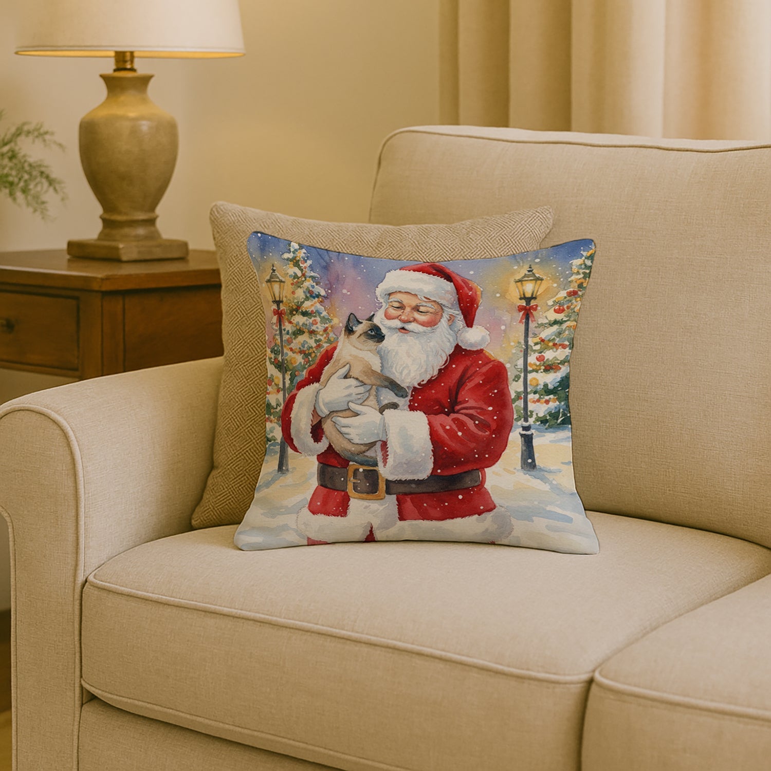 Siamese Cat with Santa Claus Decorative Throw Pillow 18x18 Indoor Outdoor Accent Cushion, Fabric Cover with Insert for Sofa, Bed, Porch & Living Room