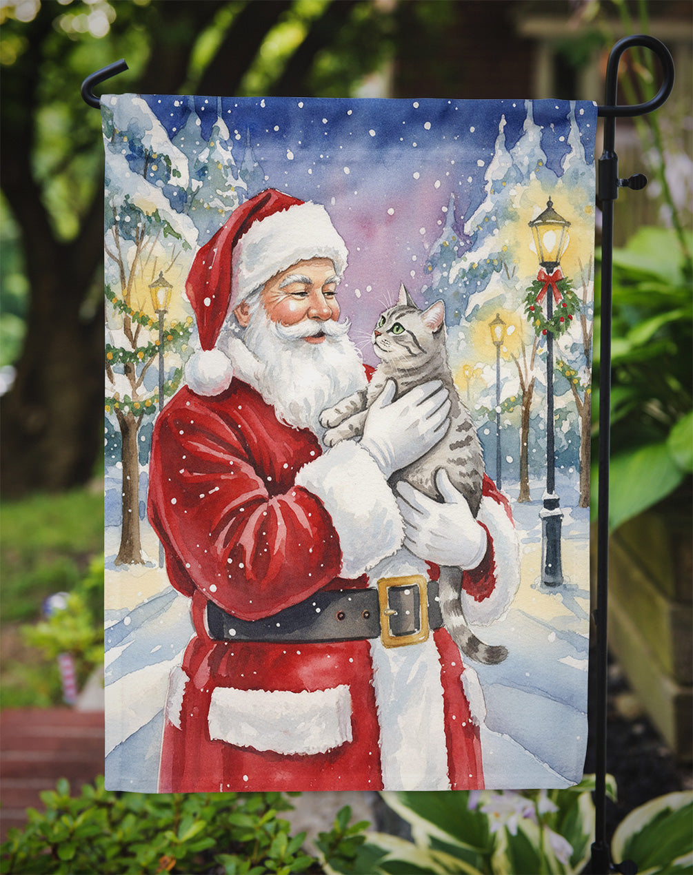 Silver Classic Tabby Cat with Santa Claus Garden Flag Mailbox Decorative Yard Banner Outside Patio Artwork for Flower Beds, Garden Size, Multicolor