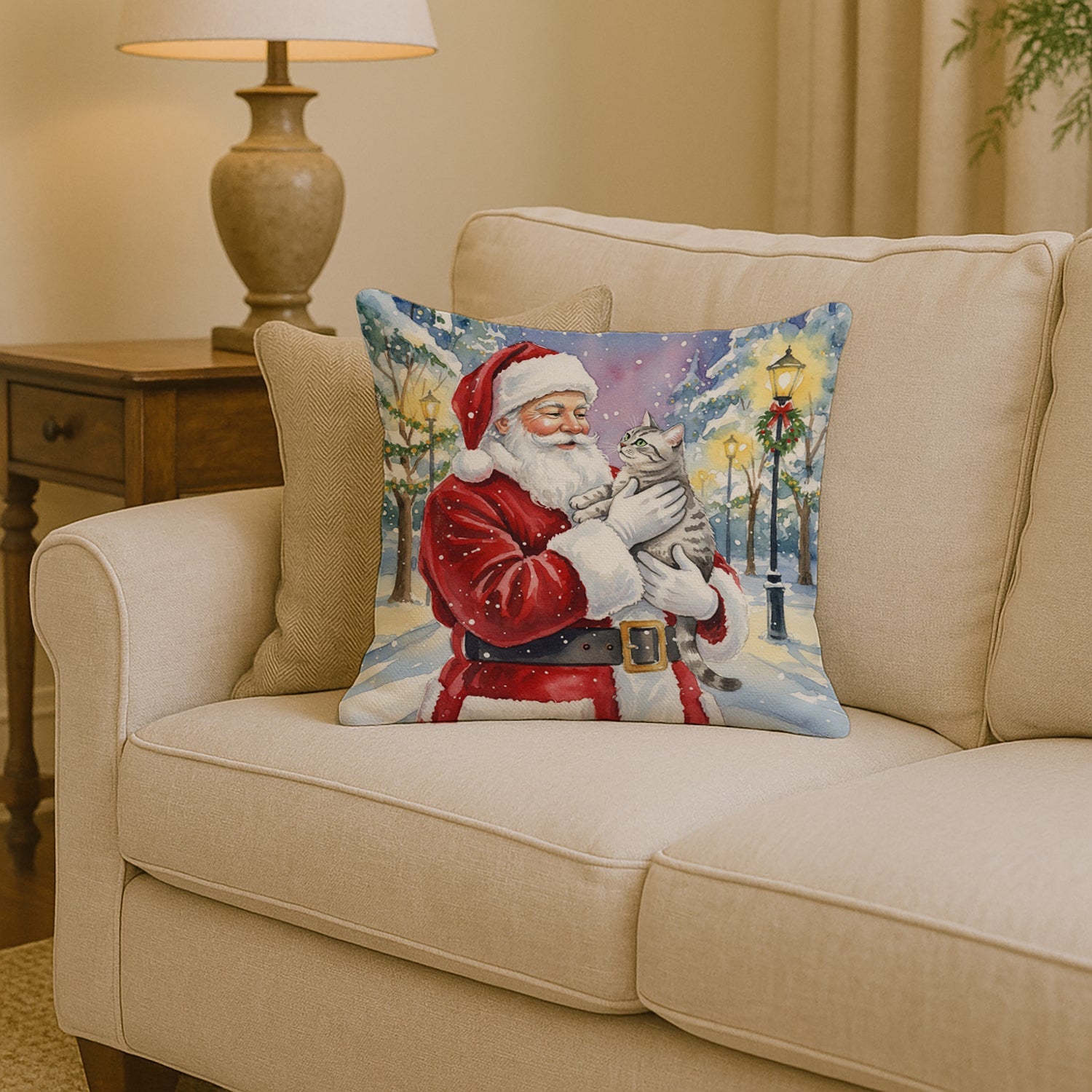 Silver Classic Tabby Cat with Santa Claus Decorative Throw Pillow 14x14 Indoor Outdoor Accent Cushion, Fabric Cover with Insert for Sofa, Bed, Porch & Living Room