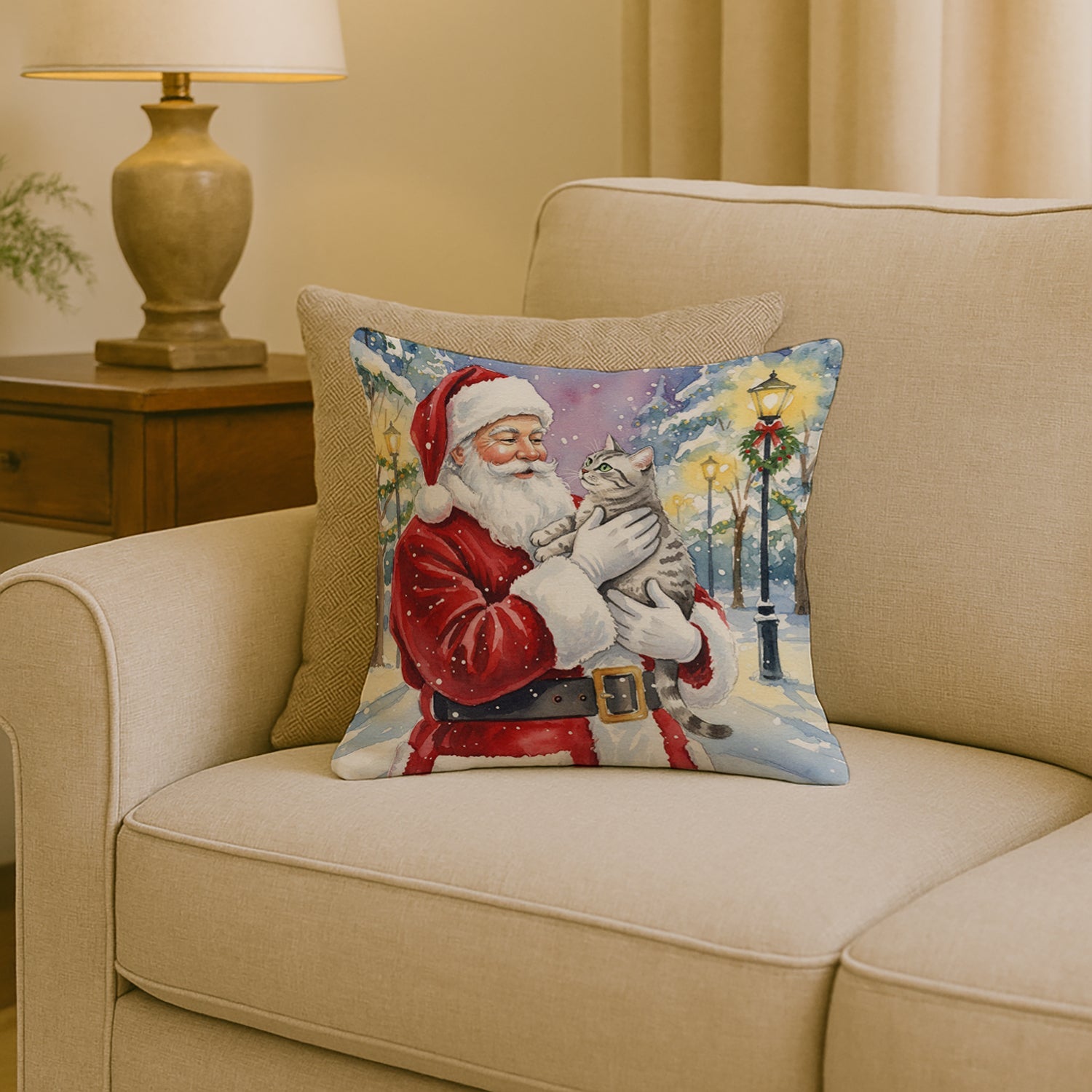 Silver Classic Tabby Cat with Santa Claus Decorative Throw Pillow 18x18 Indoor Outdoor Accent Cushion, Fabric Cover with Insert for Sofa, Bed, Porch & Living Room