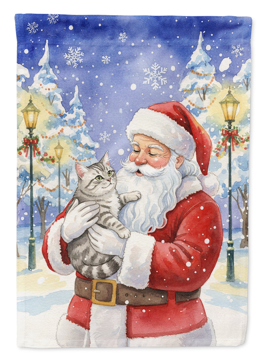 Silver Mackerel Tabby Cat with Santa Claus House Flag 28x40 Porch Sleeve Pole Decorative Outside Yard Banner Artwork Wall Hanging, Polyester