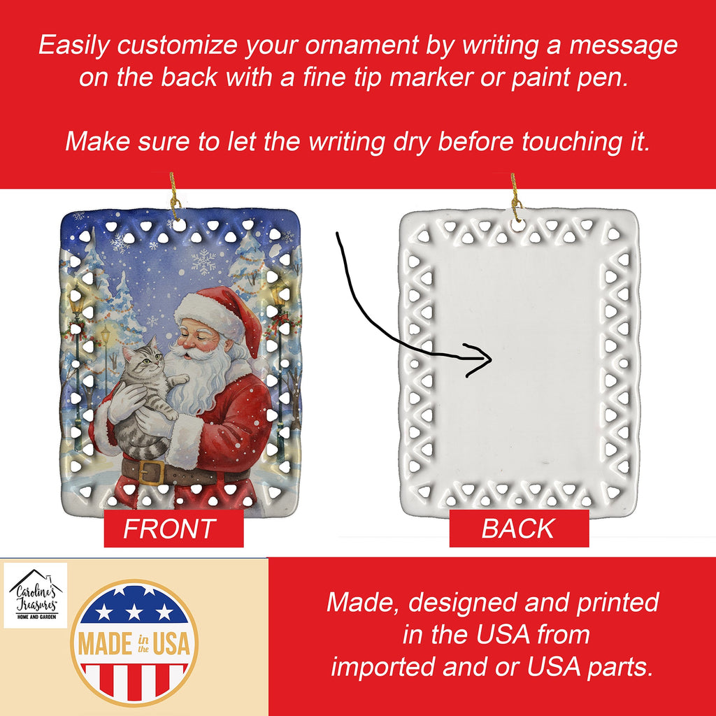 Silver Mackerel Tabby Cat with Santa Claus Porcelain Ornament Christmas Tree Hanging Decorations for Home Christmas Holiday, Rectangle, Gift, Multicolor