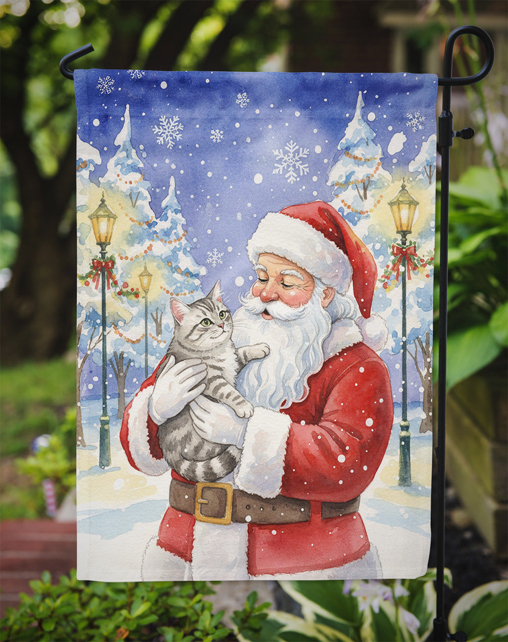 Silver Mackerel Tabby Cat with Santa Claus Garden Flag Mailbox Decorative Yard Banner Outside Patio Artwork for Flower Beds, Garden Size, Multicolor