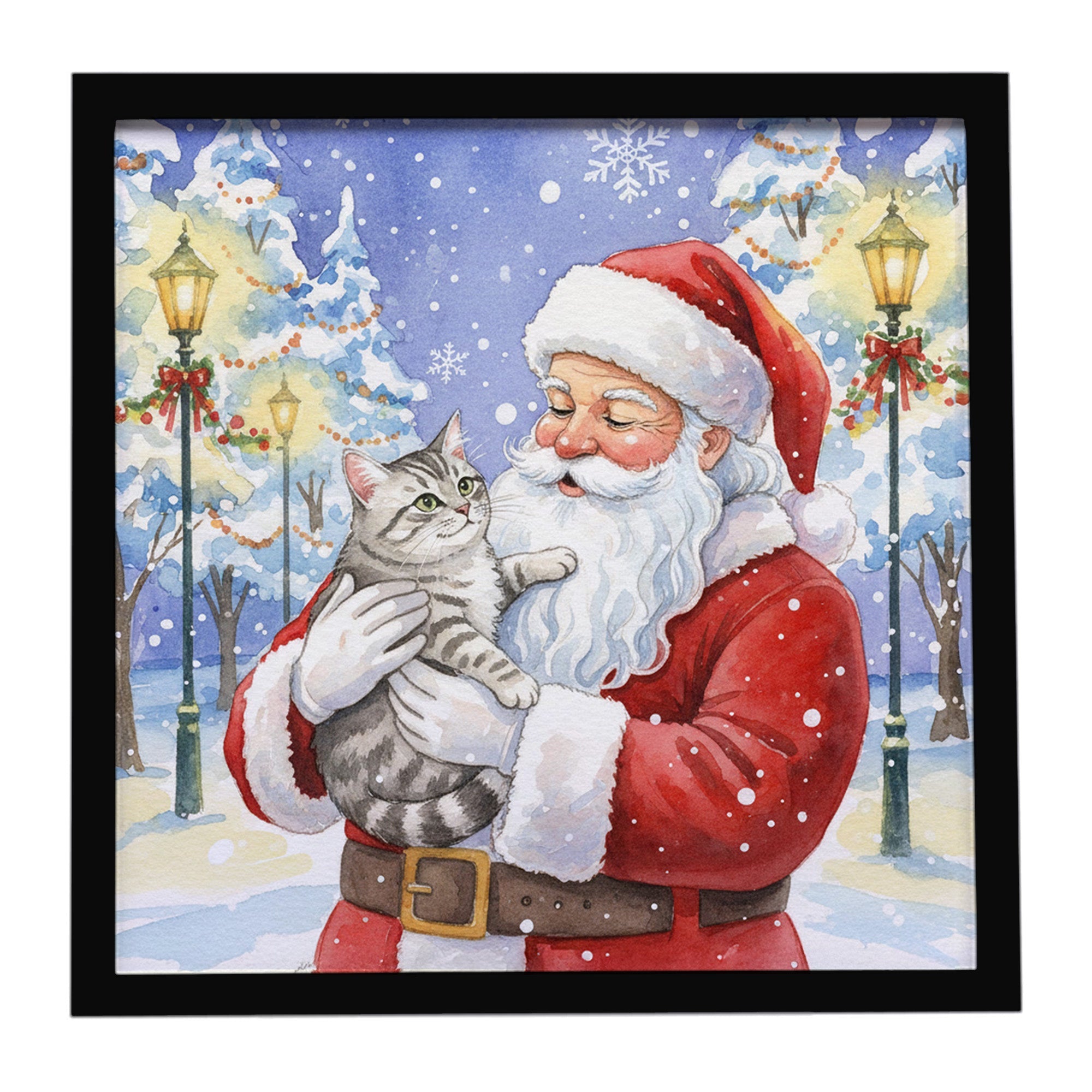 Silver Mackerel Tabby Cat with Santa Claus Framed Metal Print Bathroom, Kitchen, Office, Home Decor Wall Art Ready to Hang, Square, 8X8