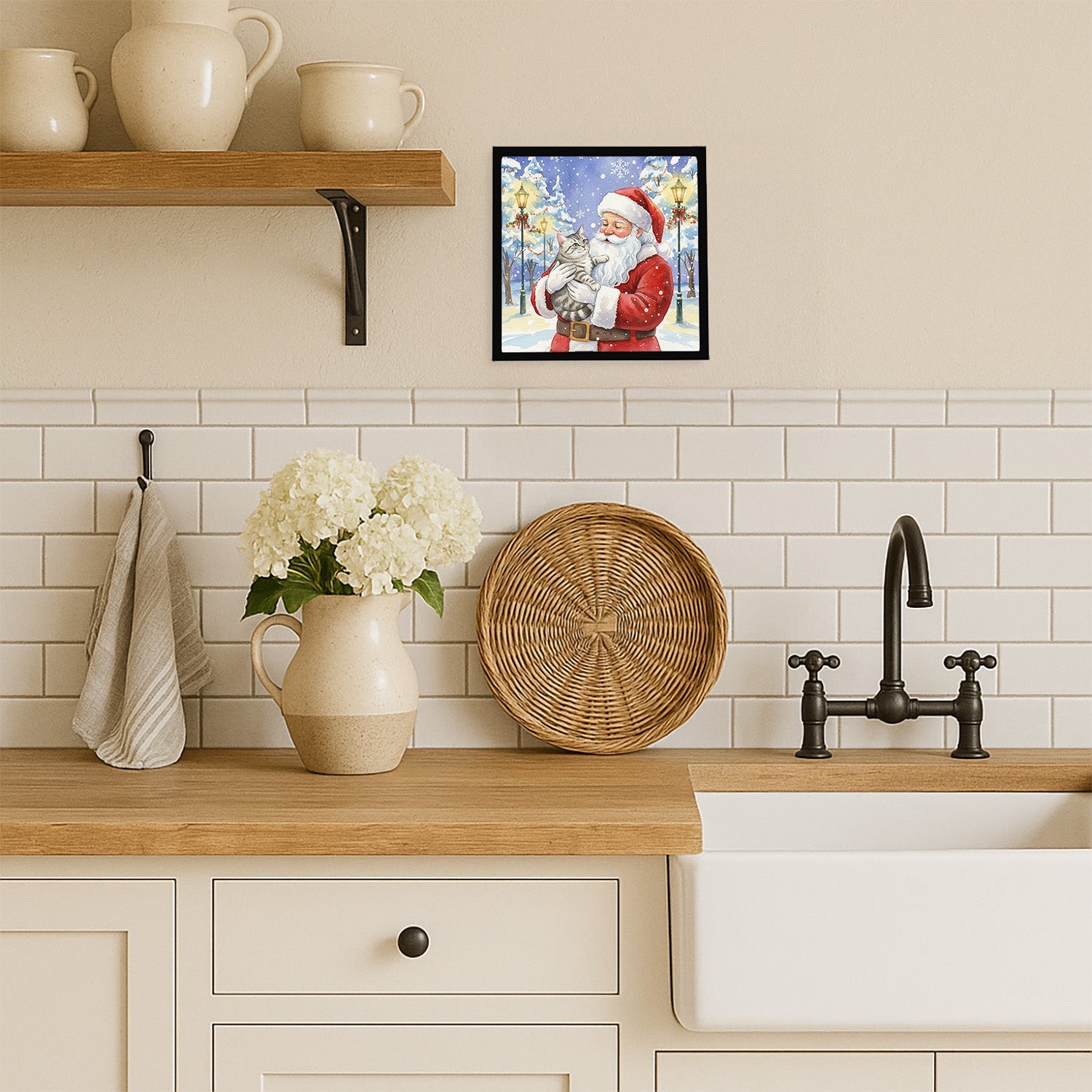 Silver Mackerel Tabby Cat with Santa Claus Framed Metal Print Bathroom, Kitchen, Office, Home Decor Wall Art Ready to Hang, Square, 8X8
