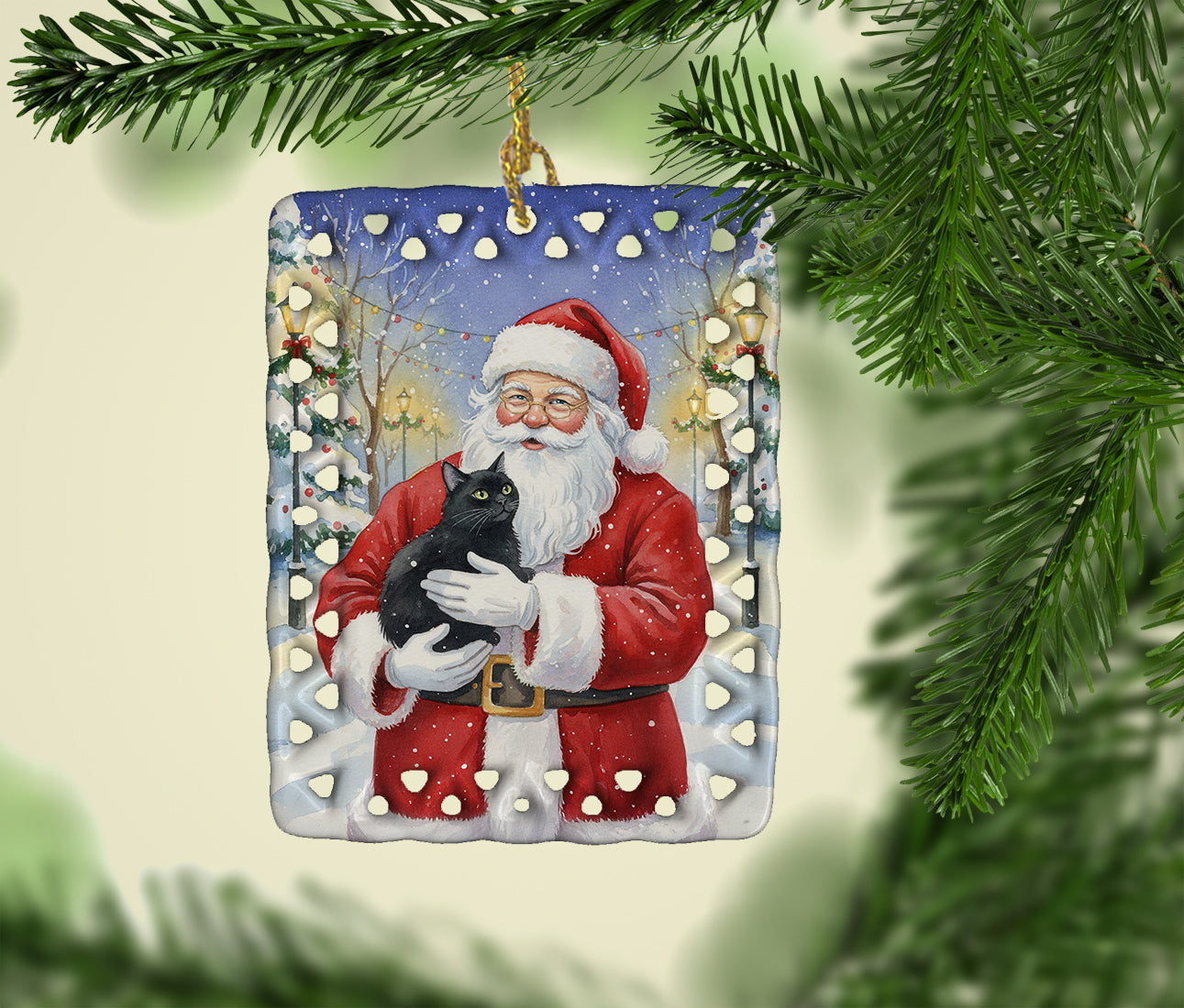 Black Cat with Santa Claus Porcelain Ornament Christmas Tree Hanging Decorations for Home Christmas Holiday, Rectangle, Gift, Multicolor