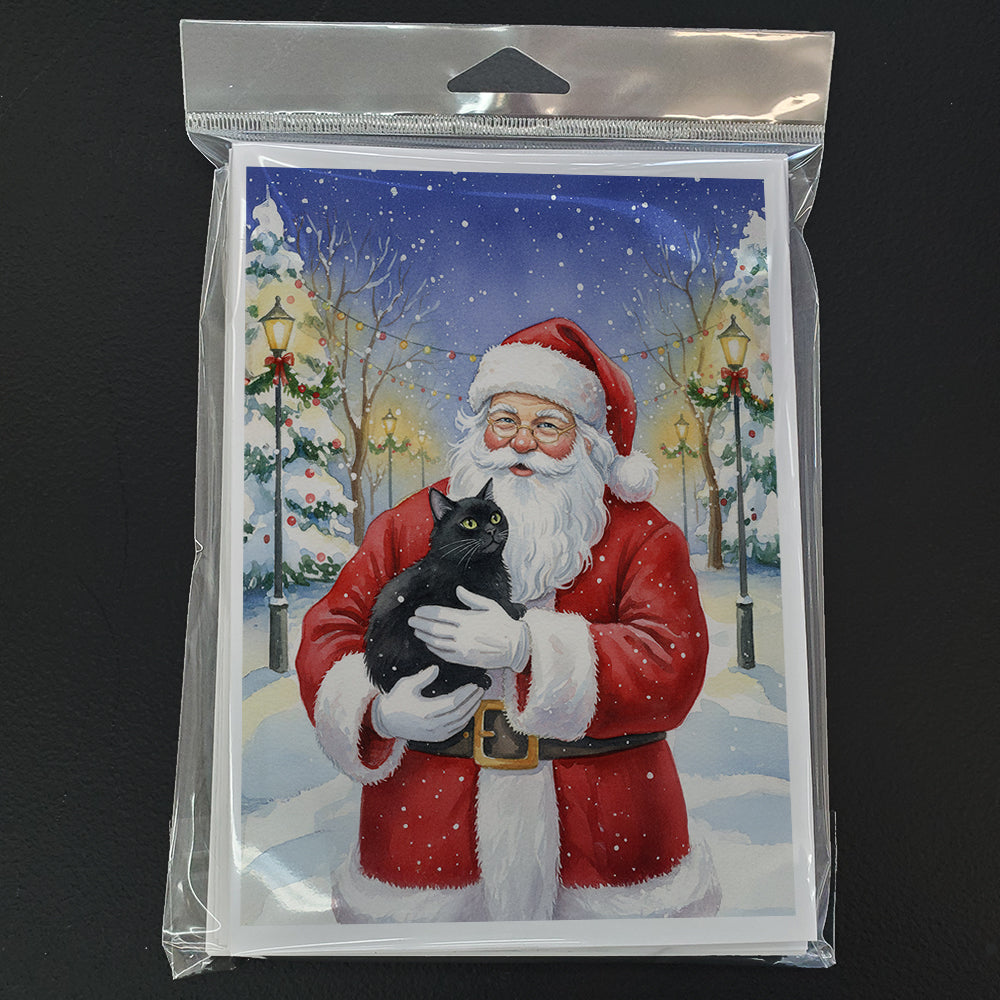 Black Cat with Santa Claus Greeting Cards Pack of 8 Blank Cards with Envelopes Whimsical A7 Size 5x7