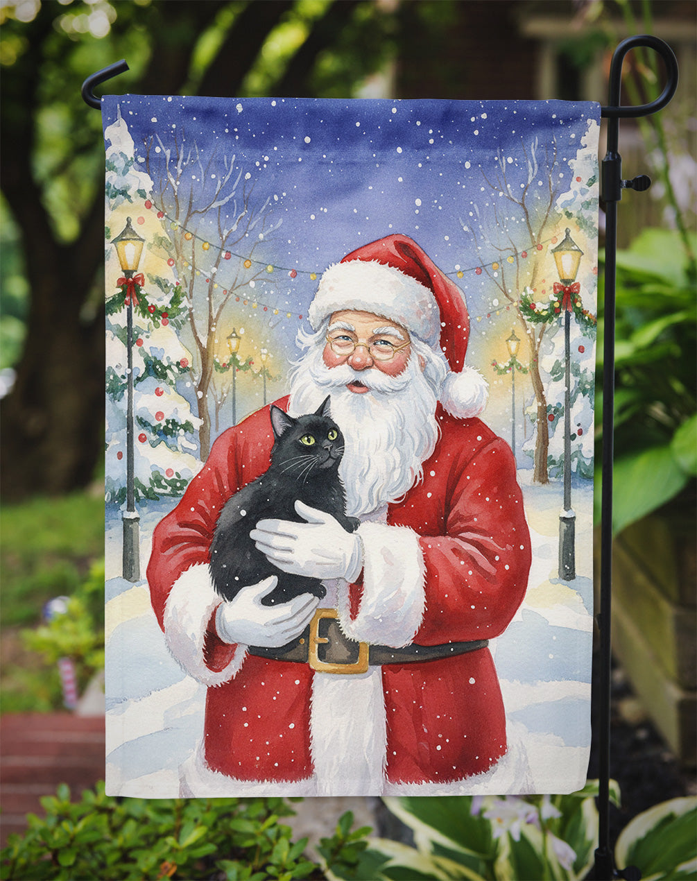 Black Cat with Santa Claus Garden Flag Mailbox Decorative Yard Banner Outside Patio Artwork for Flower Beds, Garden Size, Multicolor