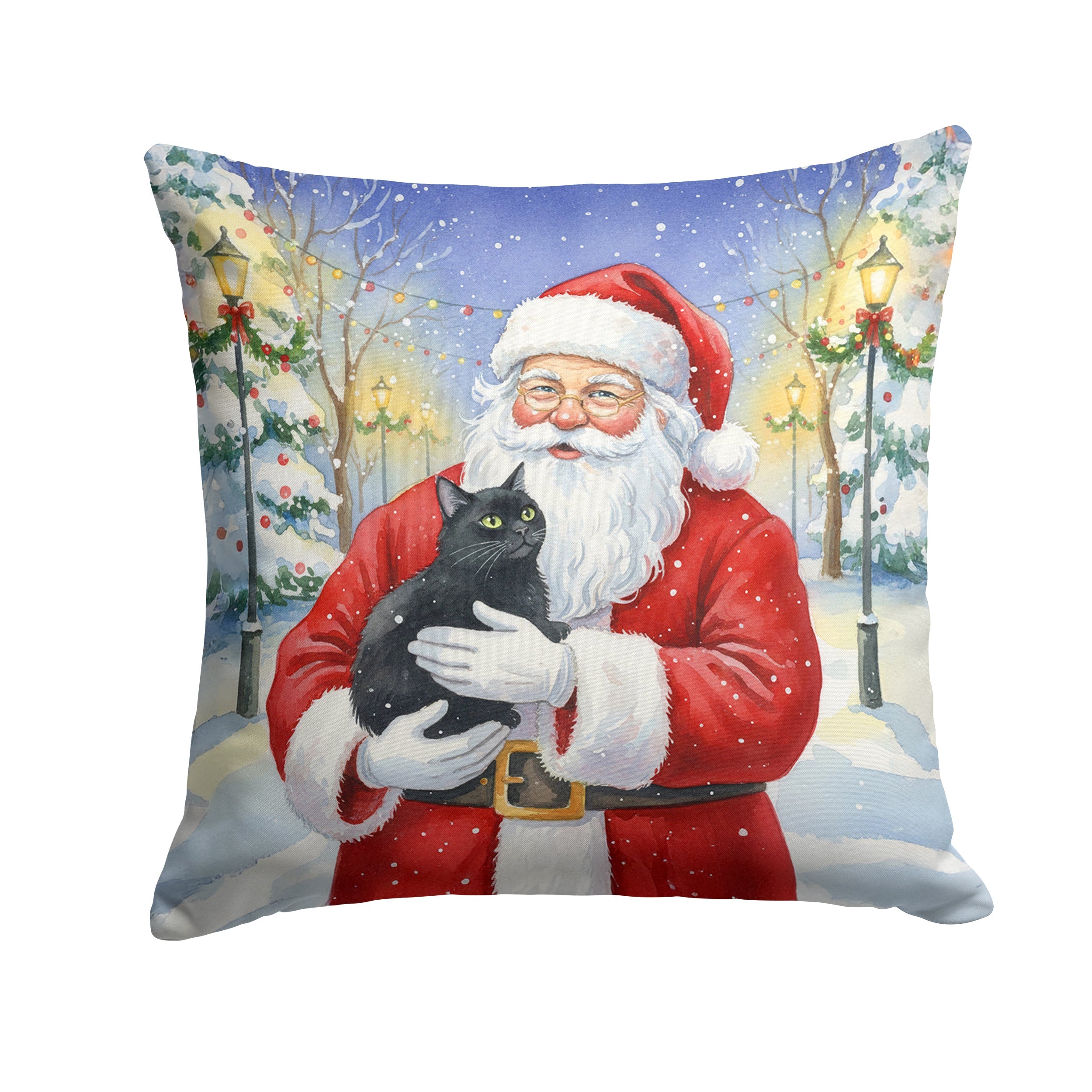 Black Cat with Santa Claus Decorative Throw Pillow 14x14 Indoor Outdoor Accent Cushion, Fabric Cover with Insert for Sofa, Bed, Porch & Living Room