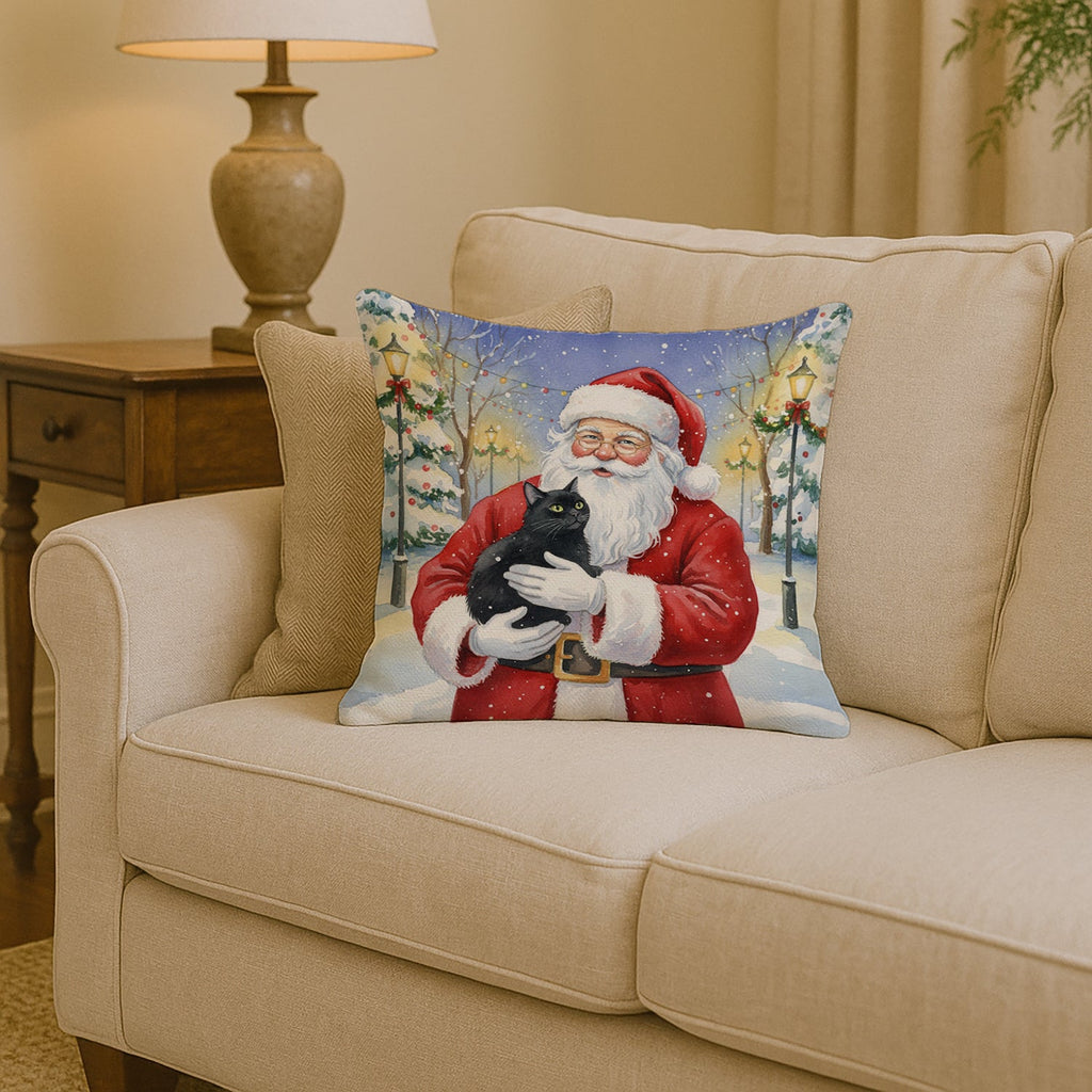 Black Cat with Santa Claus Decorative Throw Pillow 14x14 Indoor Outdoor Accent Cushion, Fabric Cover with Insert for Sofa, Bed, Porch & Living Room