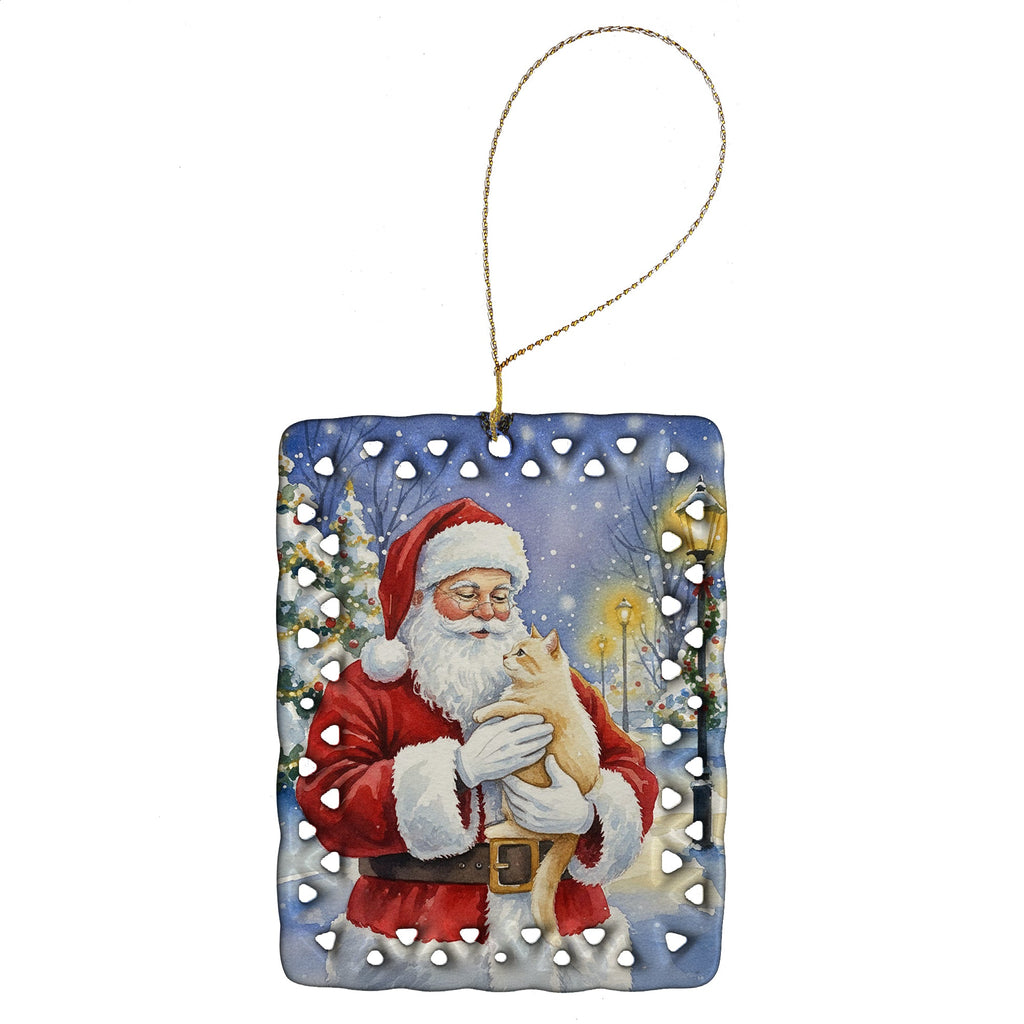 Cream Cat with Santa Claus Porcelain Ornament Christmas Tree Hanging Decorations for Home Christmas Holiday, Rectangle, Gift, Multicolor