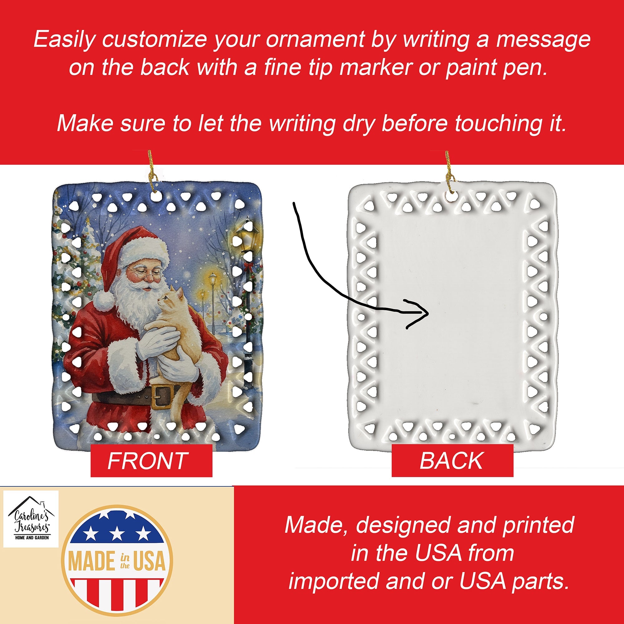 Cream Cat with Santa Claus Porcelain Ornament Christmas Tree Hanging Decorations for Home Christmas Holiday, Rectangle, Gift, Multicolor