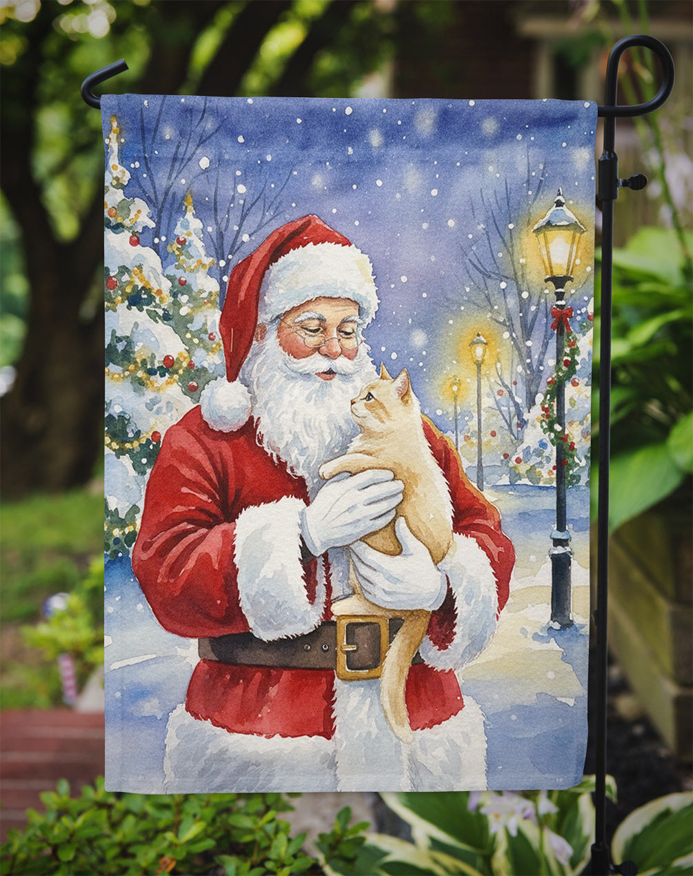 Cream Cat with Santa Claus Garden Flag Mailbox Decorative Yard Banner Outside Patio Artwork for Flower Beds, Garden Size, Multicolor