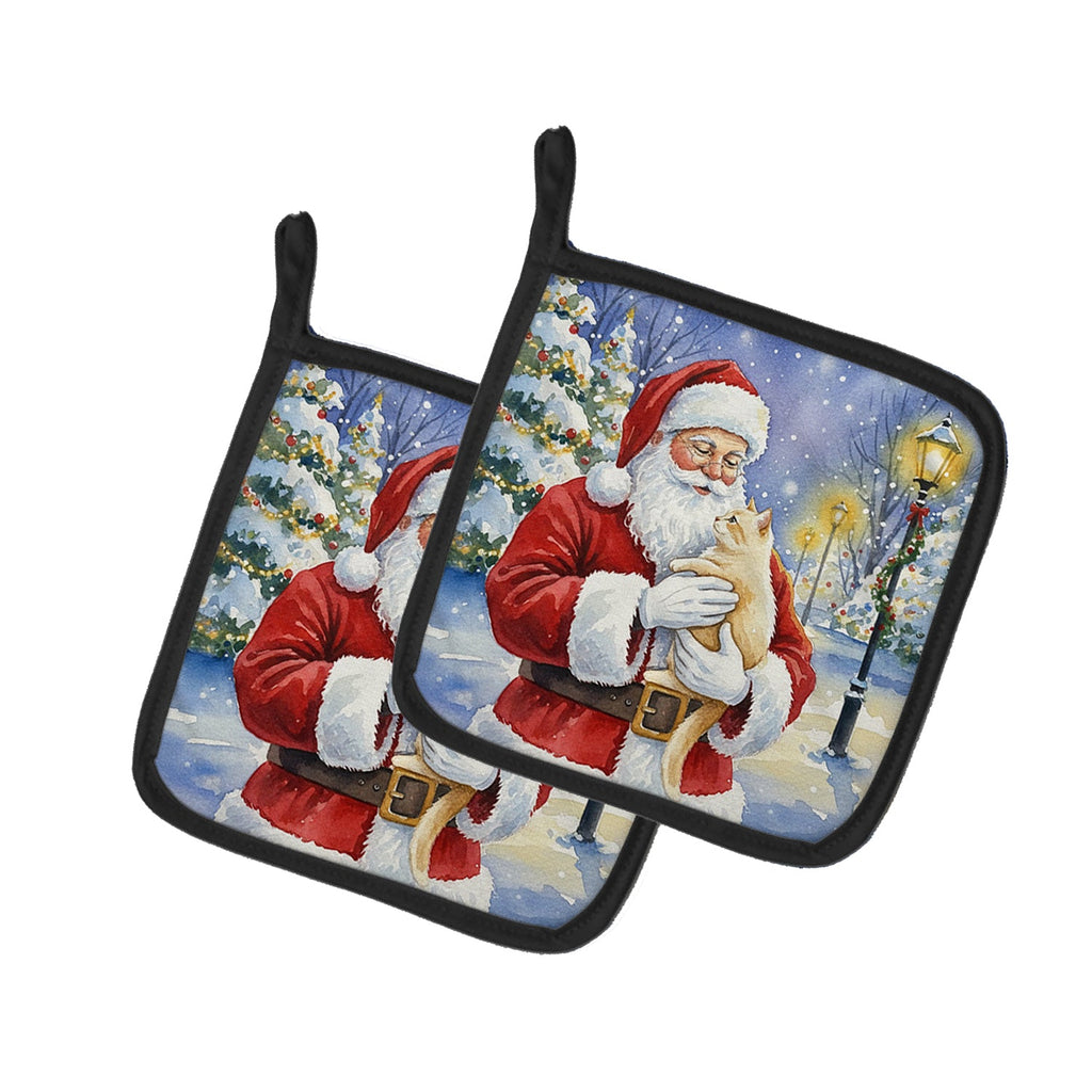 Cream Cat with Santa Claus Pot Holder Set of 2 Heat Resistant Quilted Hot Pads 7.5 x 7.5 Inch, Insulated Kitchen Trivets for Cooking & Baking