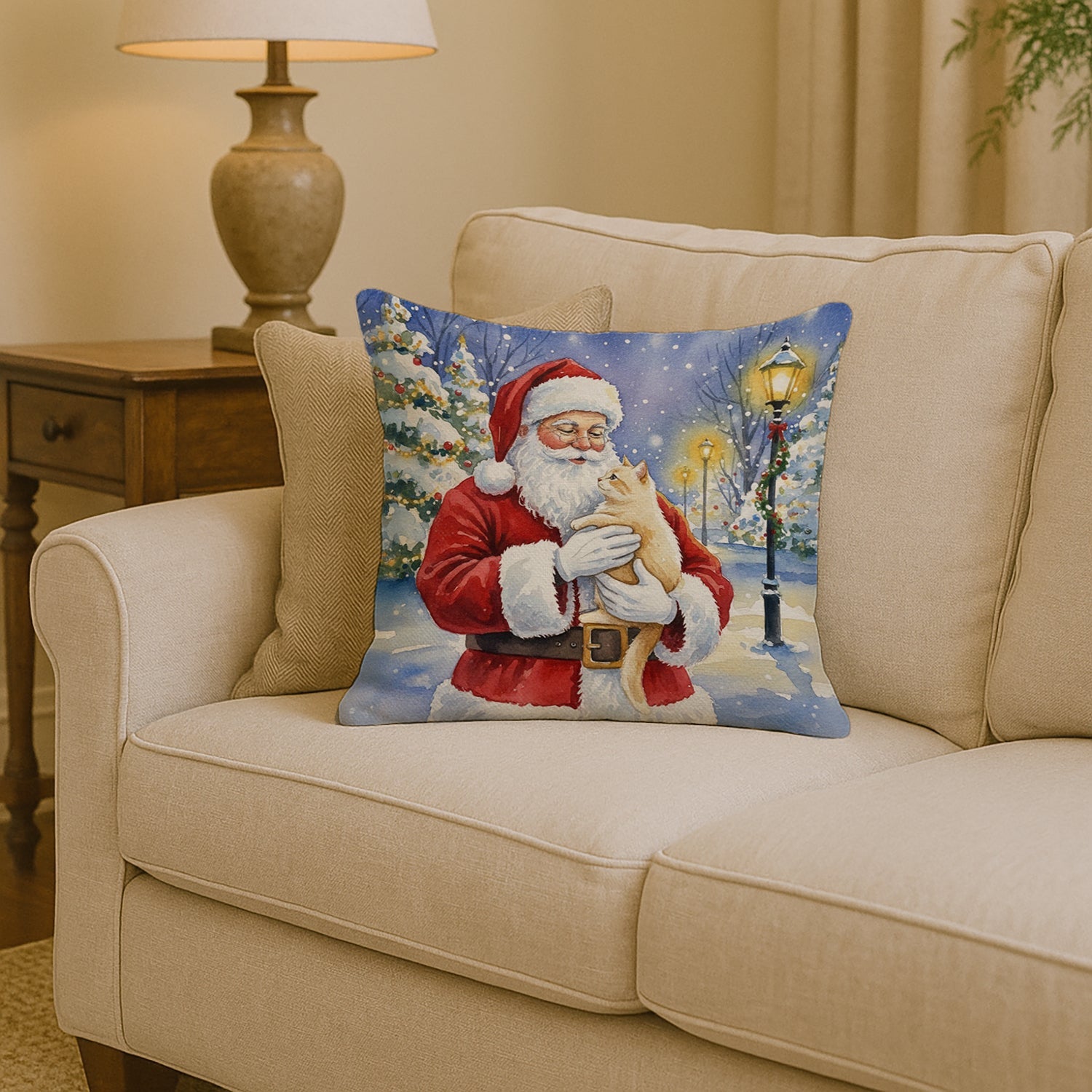 Cream Cat with Santa Claus Decorative Throw Pillow 14x14 Indoor Outdoor Accent Cushion, Fabric Cover with Insert for Sofa, Bed, Porch & Living Room
