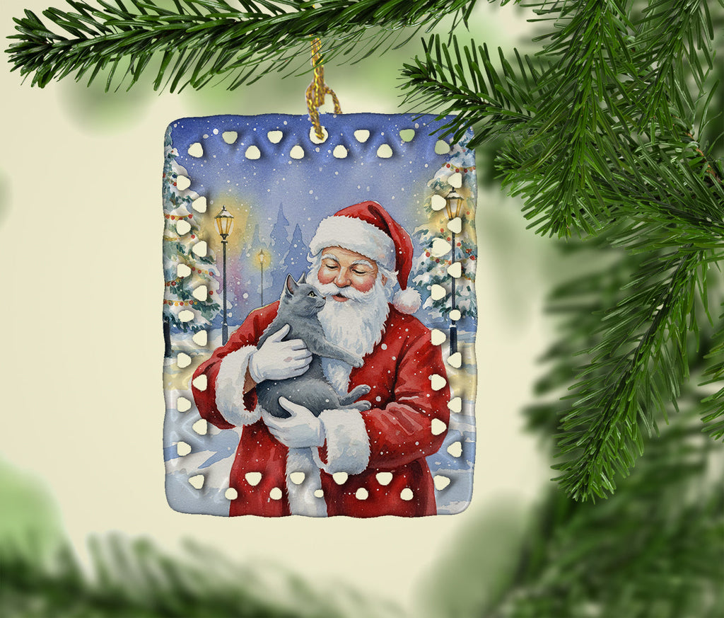 Gray Cat with Santa Claus Porcelain Ornament Christmas Tree Hanging Decorations for Home Christmas Holiday, Rectangle, Gift, Multicolor