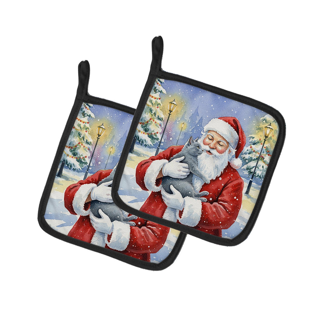 Gray Cat with Santa Claus Pot Holder Set of 2 Heat Resistant Quilted Hot Pads 7.5 x 7.5 Inch, Insulated Kitchen Trivets for Cooking & Baking