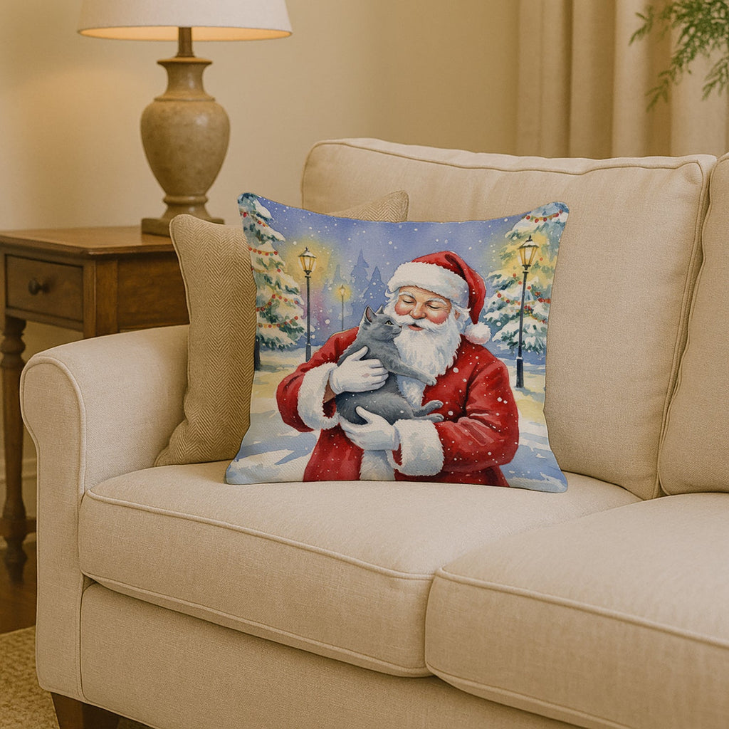 Gray Cat with Santa Claus Decorative Throw Pillow 14x14 Indoor Outdoor Accent Cushion, Fabric Cover with Insert for Sofa, Bed, Porch & Living Room