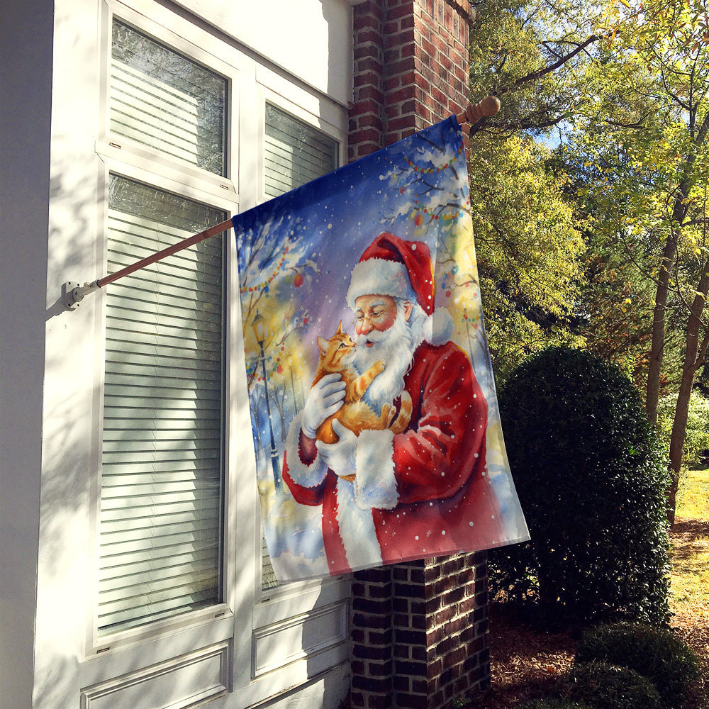 Red Ginger Cat with Santa Claus House Flag 28x40 Porch Sleeve Pole Decorative Outside Yard Banner Artwork Wall Hanging, Polyester