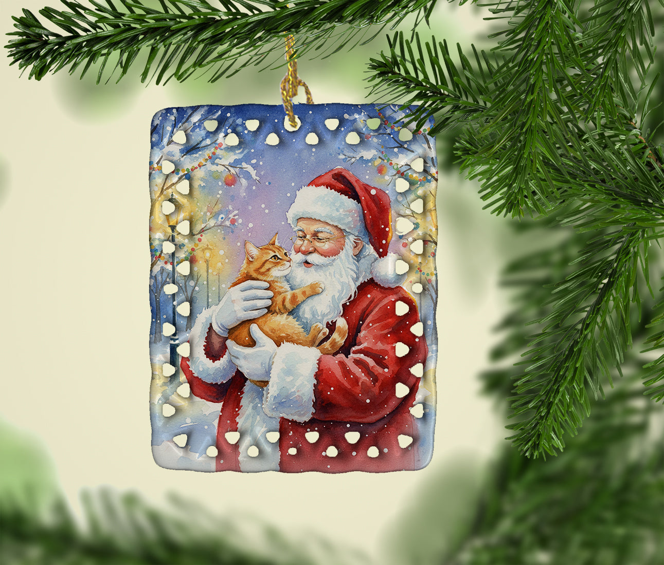 Red Ginger Cat with Santa Claus Porcelain Ornament Christmas Tree Hanging Decorations for Home Christmas Holiday, Rectangle, Gift, Multicolor