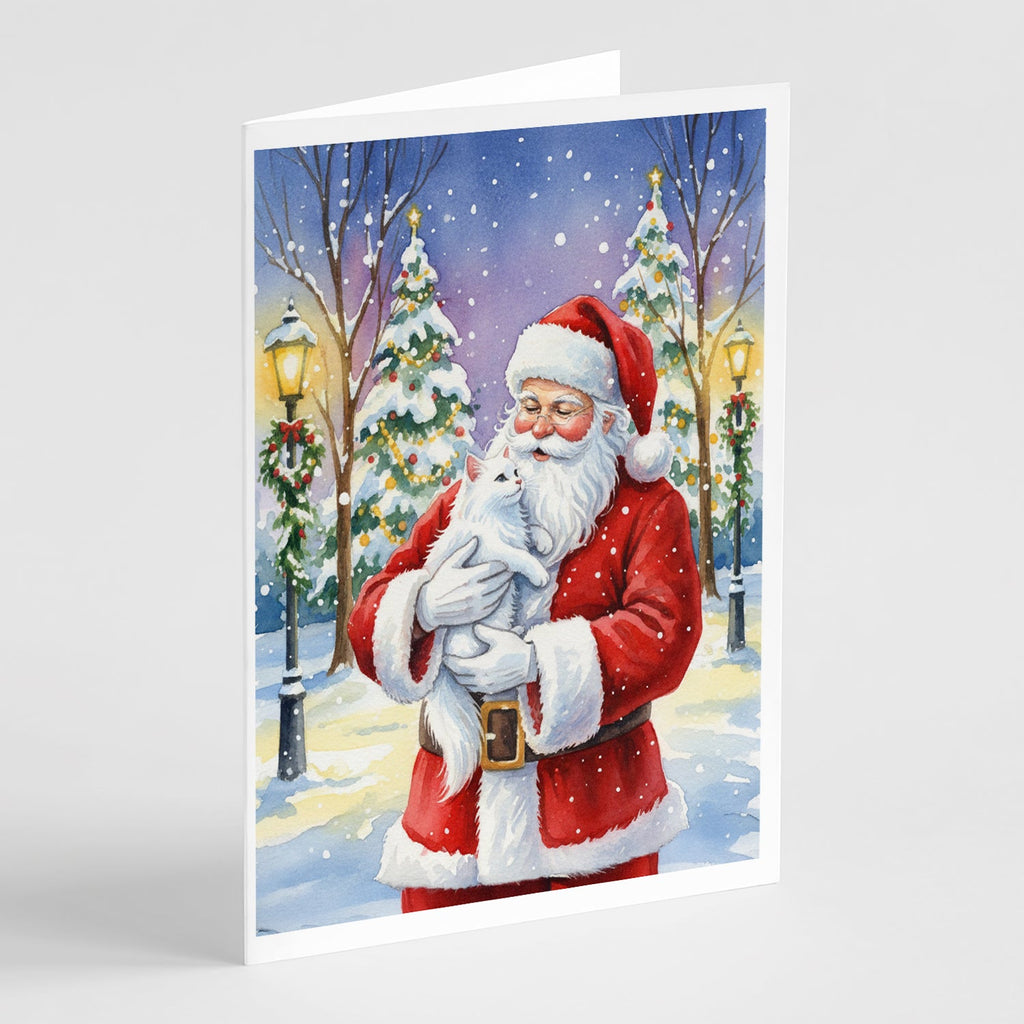 White Cat with Santa Claus Greeting Cards Pack of 8 Blank Cards with Envelopes Whimsical A7 Size 5x7