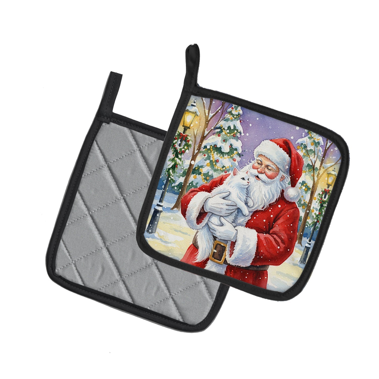 White Cat with Santa Claus Pot Holder Set of 2 Heat Resistant Quilted Hot Pads 7.5 x 7.5 Inch, Insulated Kitchen Trivets for Cooking & Baking