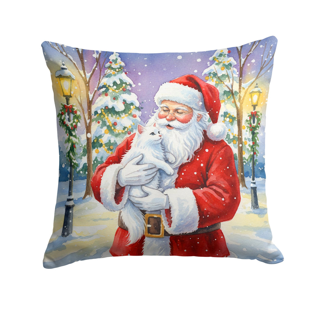 White Cat with Santa Claus Decorative Throw Pillow 14x14 Indoor Outdoor Accent Cushion, Fabric Cover with Insert for Sofa, Bed, Porch & Living Room
