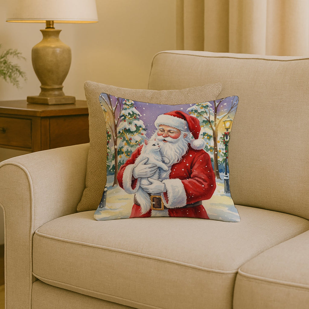 White Cat with Santa Claus Decorative Throw Pillow 18x18 Indoor Outdoor Accent Cushion, Fabric Cover with Insert for Sofa, Bed, Porch & Living Room
