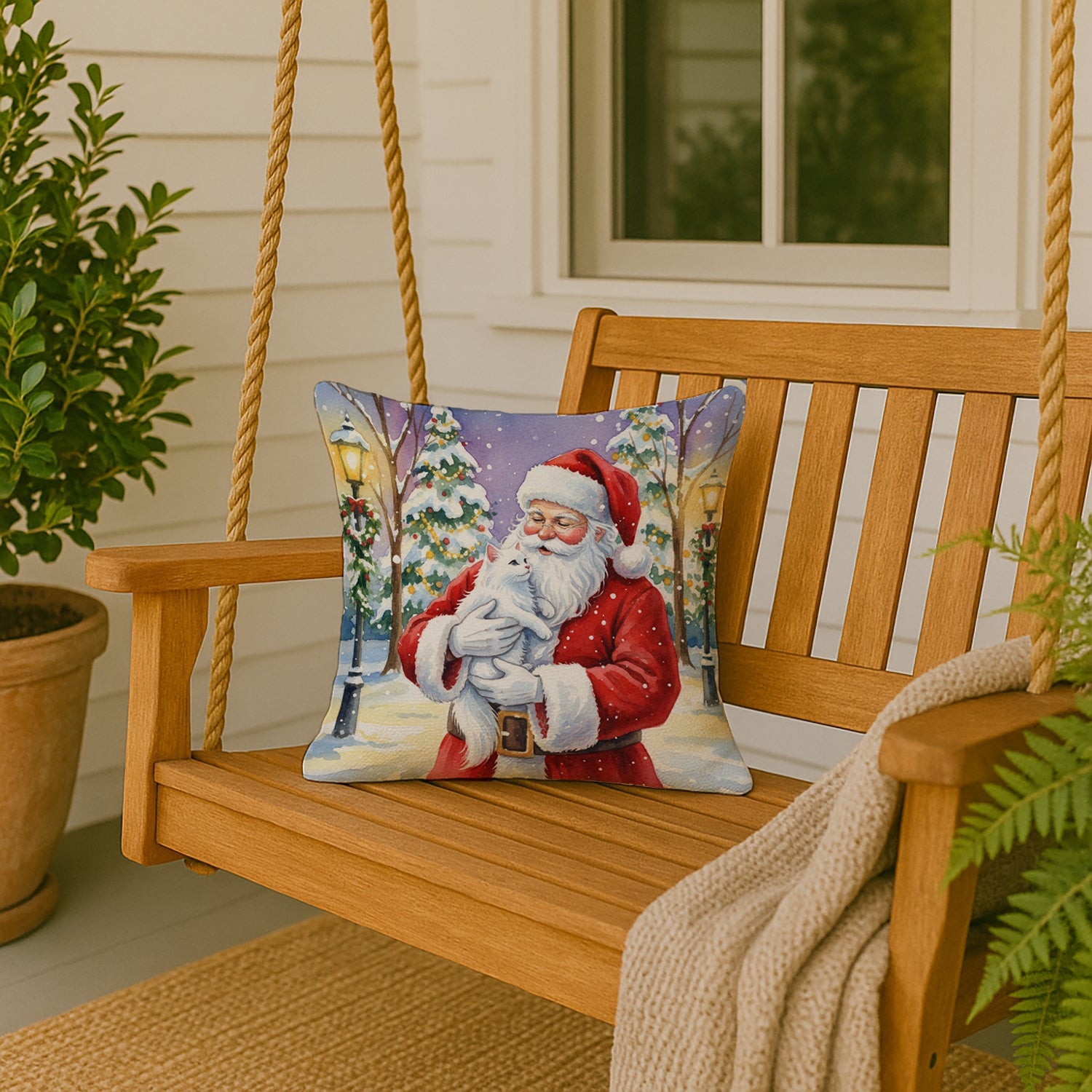 White Cat with Santa Claus Decorative Throw Pillow 18x18 Indoor Outdoor Accent Cushion, Fabric Cover with Insert for Sofa, Bed, Porch & Living Room