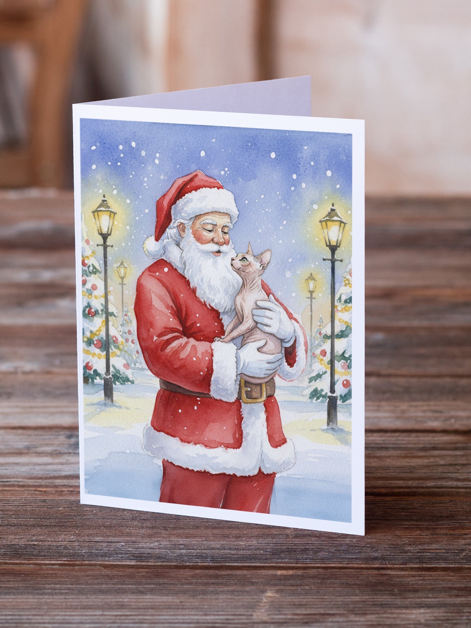 Sphynx Cat with Santa Claus Greeting Cards Pack of 8 Blank Cards with Envelopes Whimsical A7 Size 5x7