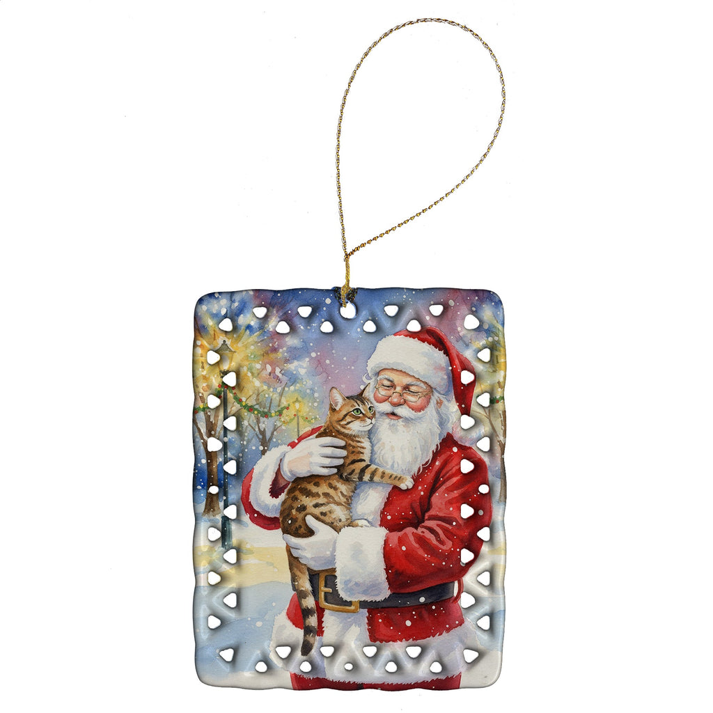 Spotted Tabby Brown Cat with Santa Claus Porcelain Ornament Christmas Tree Hanging Decorations for Home Christmas Holiday, Rectangle, Gift, Multicolor