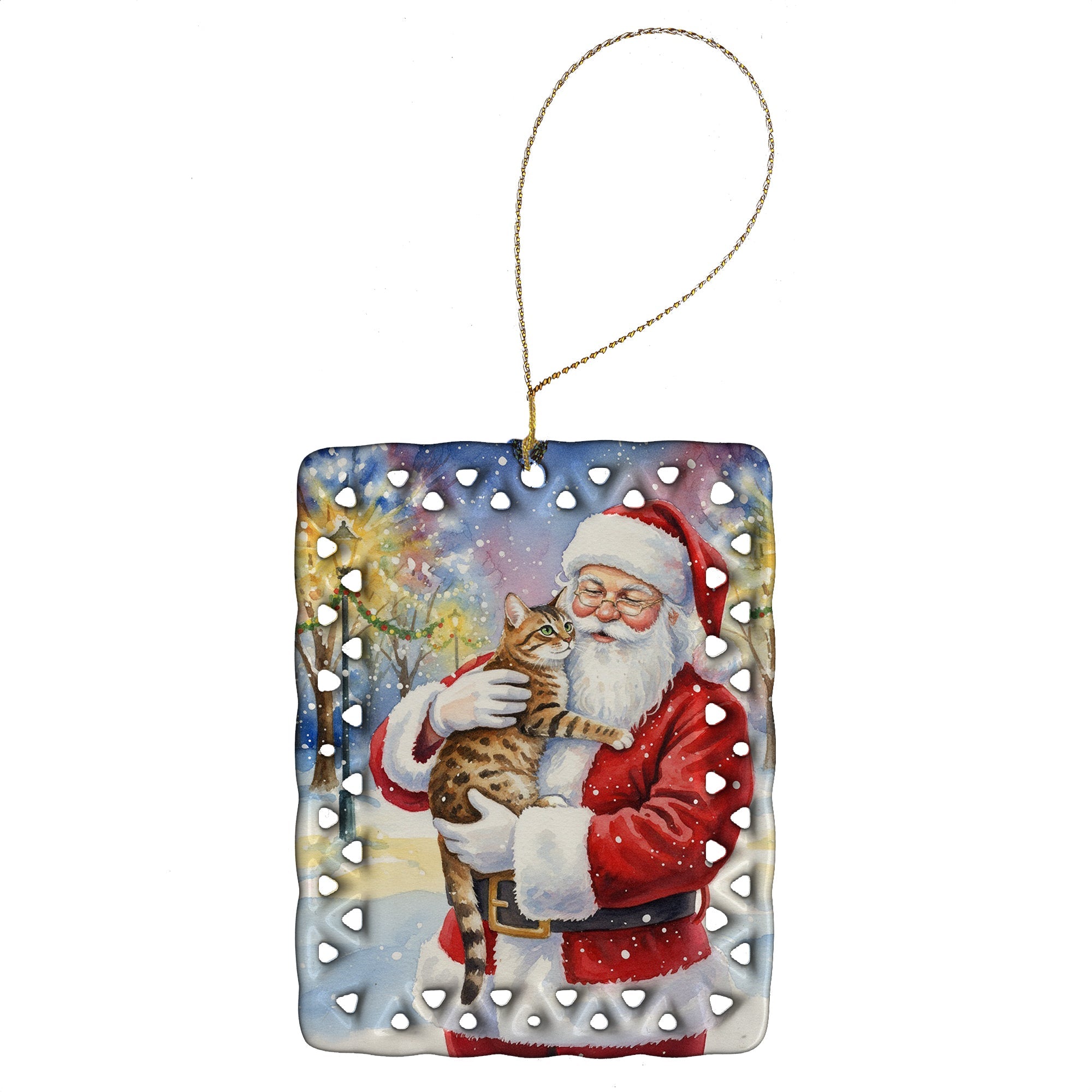 Spotted Tabby Brown Cat with Santa Claus Porcelain Ornament Christmas Tree Hanging Decorations for Home Christmas Holiday, Rectangle, Gift, Multicolor