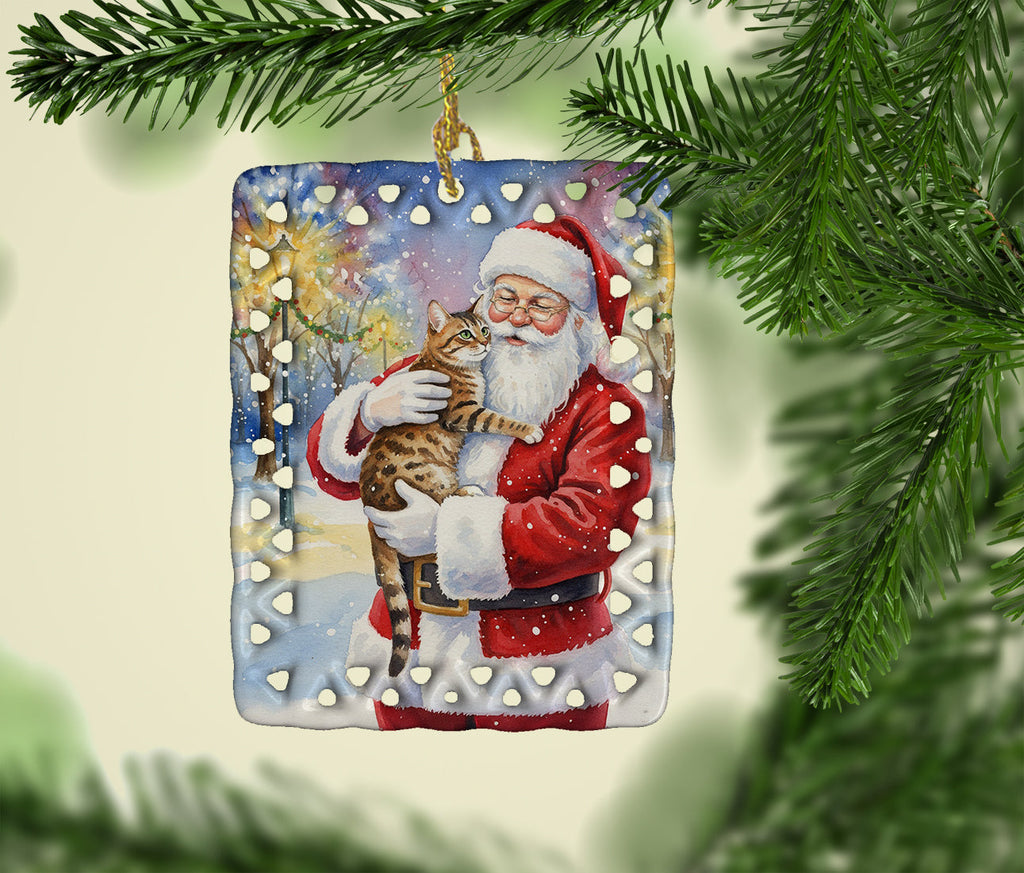 Spotted Tabby Brown Cat with Santa Claus Porcelain Ornament Christmas Tree Hanging Decorations for Home Christmas Holiday, Rectangle, Gift, Multicolor