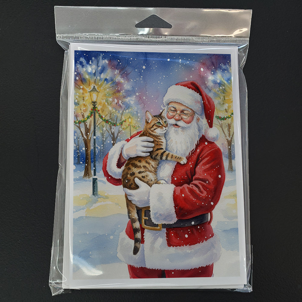 Spotted Tabby Brown Cat with Santa Claus Greeting Cards Pack of 8 Blank Cards with Envelopes Whimsical A7 Size 5x7