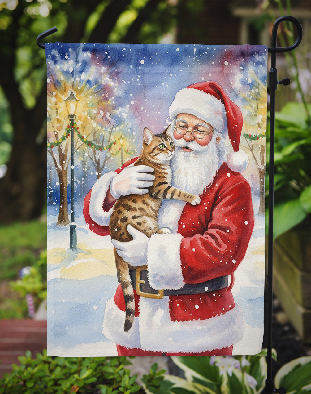 Spotted Tabby Brown Cat with Santa Claus Garden Flag Mailbox Decorative Yard Banner Outside Patio Artwork for Flower Beds, Garden Size, Multicolor