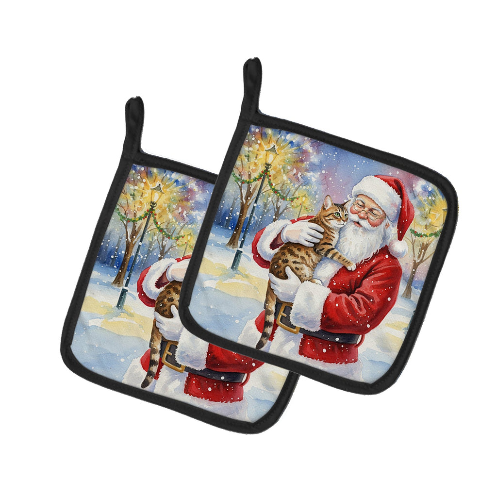 Spotted Tabby Brown Cat with Santa Claus Pot Holder Set of 2 Heat Resistant Quilted Hot Pads 7.5 x 7.5 Inch, Insulated Kitchen Trivets for Cooking & Baking