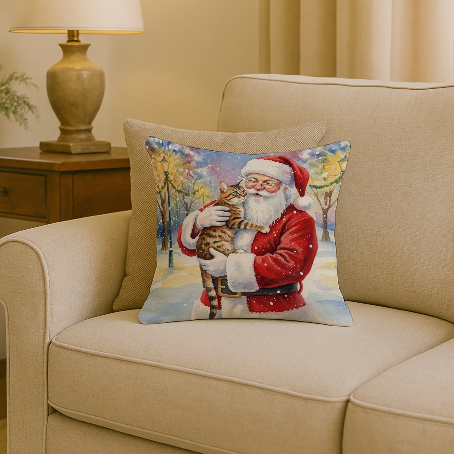 Spotted Tabby Brown Cat with Santa Claus Decorative Throw Pillow 18x18 Indoor Outdoor Accent Cushion, Fabric Cover with Insert for Sofa, Bed, Porch & Living Room
