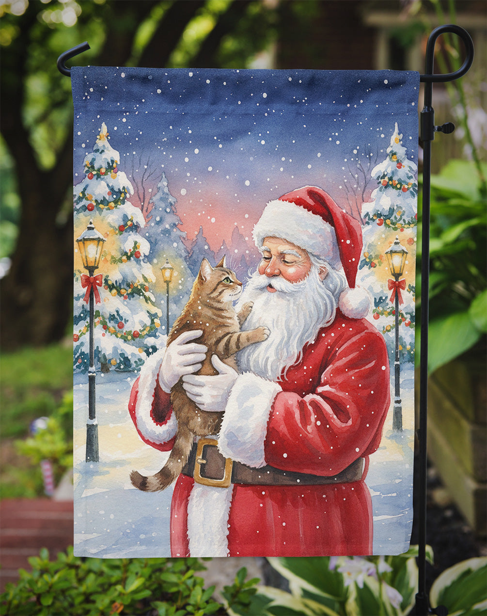 Ticked Tabby Brown Cat with Santa Claus Garden Flag Mailbox Decorative Yard Banner Outside Patio Artwork for Flower Beds, Garden Size, Multicolor