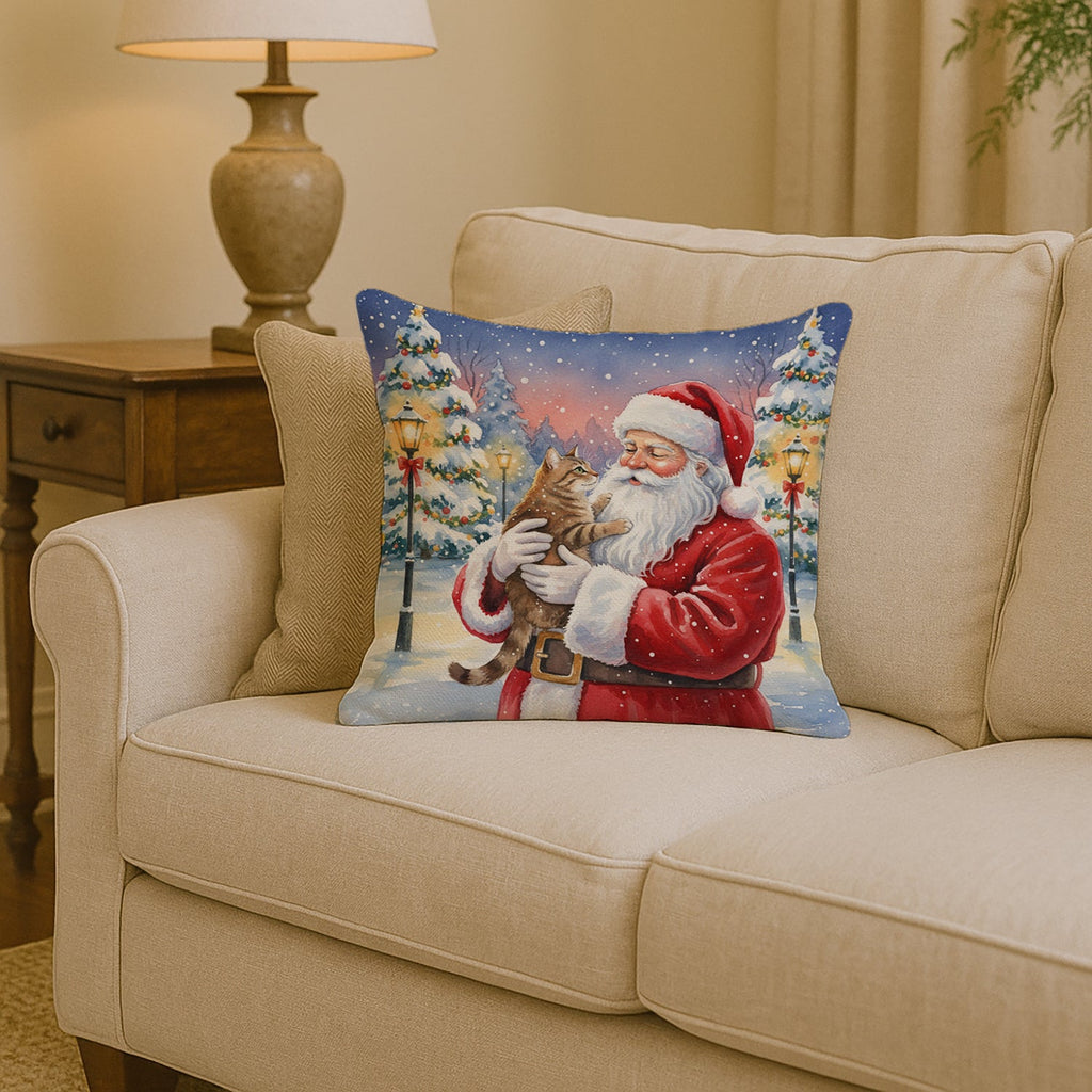 Ticked Tabby Brown Cat with Santa Claus Decorative Throw Pillow 14x14 Indoor Outdoor Accent Cushion, Fabric Cover with Insert for Sofa, Bed, Porch & Living Room