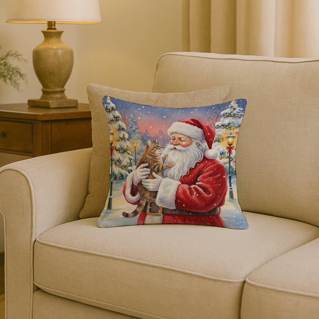Ticked Tabby Brown Cat with Santa Claus Decorative Throw Pillow 18x18 Indoor Outdoor Accent Cushion, Fabric Cover with Insert for Sofa, Bed, Porch & Living Room