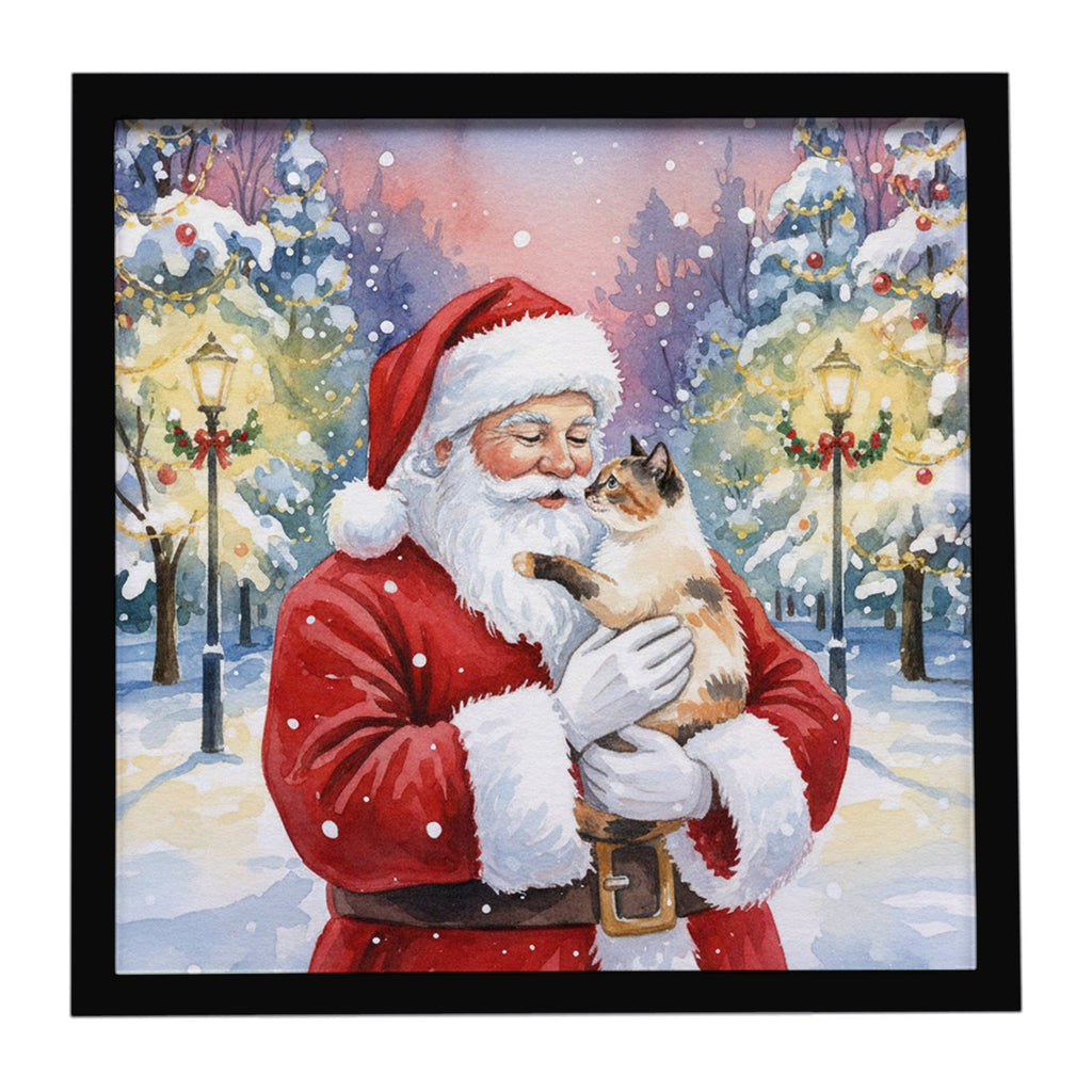 Tortie Point Cat with Santa Claus Framed Metal Print Bathroom, Kitchen, Office, Home Decor Wall Art Ready to Hang, Square, 8X8
