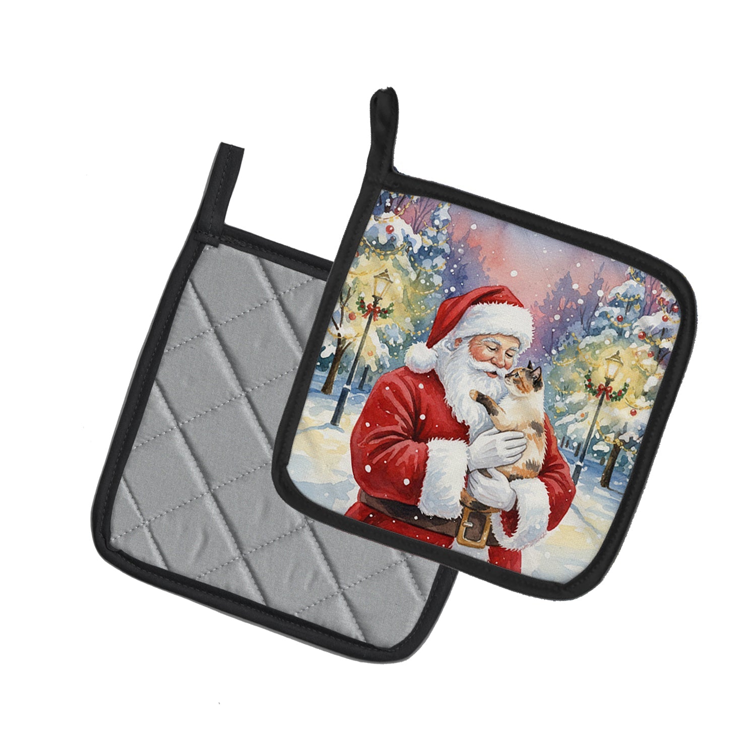 Tortie Point Cat with Santa Claus Pot Holder Set of 2 Heat Resistant Quilted Hot Pads 7.5 x 7.5 Inch, Insulated Kitchen Trivets for Cooking & Baking
