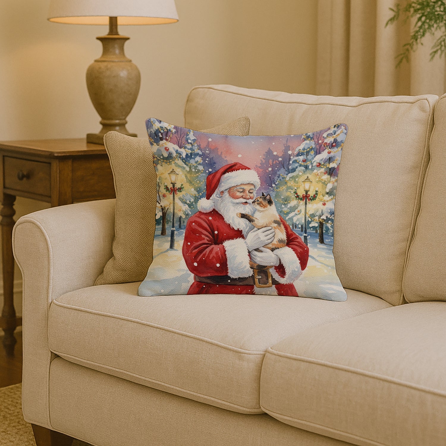 Tortie Point Cat with Santa Claus Decorative Throw Pillow 14x14 Indoor Outdoor Accent Cushion, Fabric Cover with Insert for Sofa, Bed, Porch & Living Room