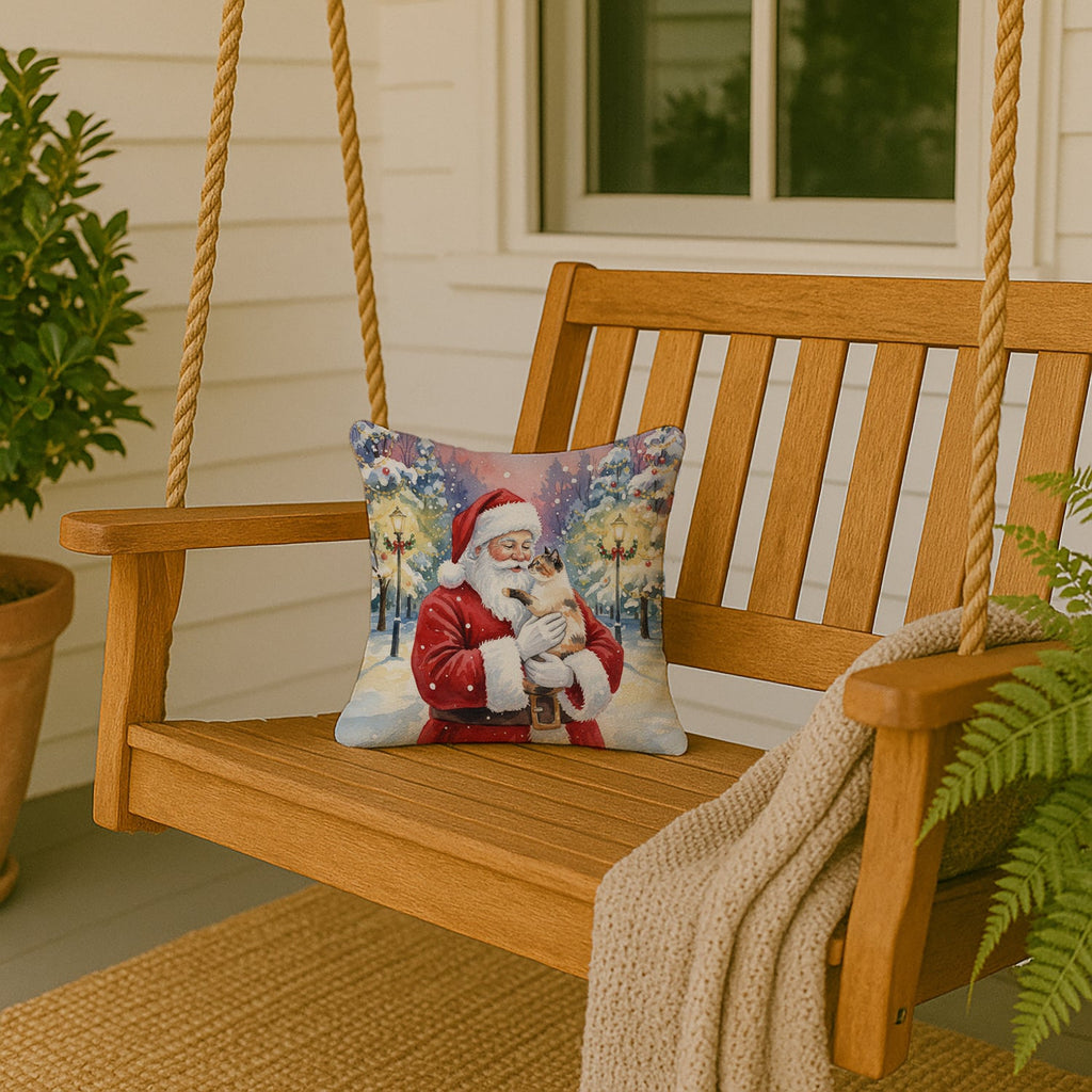 Tortie Point Cat with Santa Claus Decorative Throw Pillow 14x14 Indoor Outdoor Accent Cushion, Fabric Cover with Insert for Sofa, Bed, Porch & Living Room