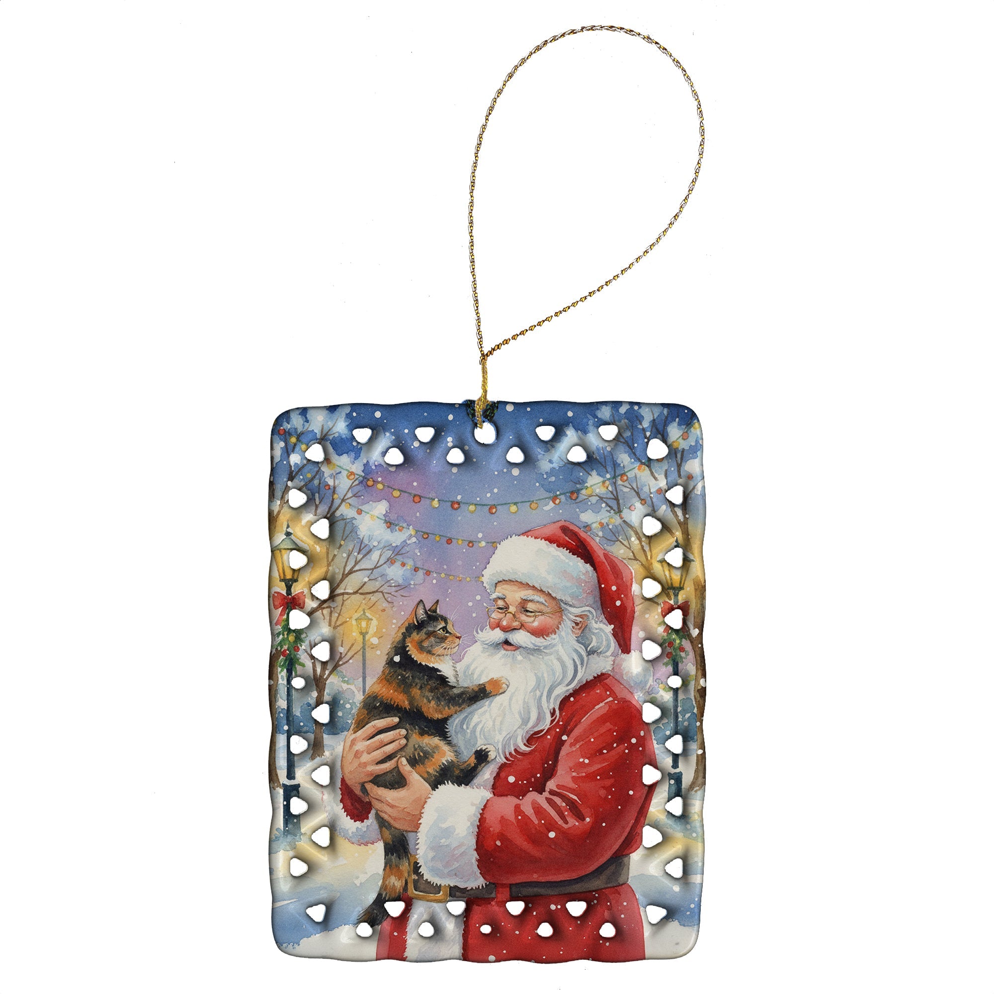 Tortoiseshell Cat with Santa Claus Porcelain Ornament Christmas Tree Hanging Decorations for Home Christmas Holiday, Rectangle, Gift, Multicolor