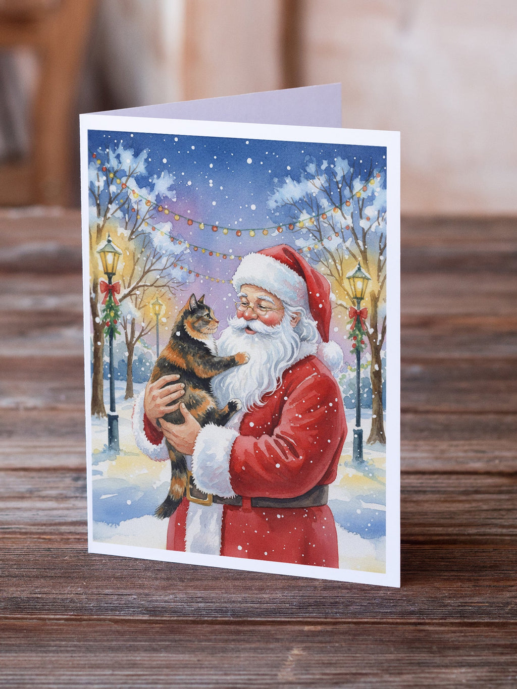 Tortoiseshell Cat with Santa Claus Greeting Cards Pack of 8 Blank Cards with Envelopes Whimsical A7 Size 5x7